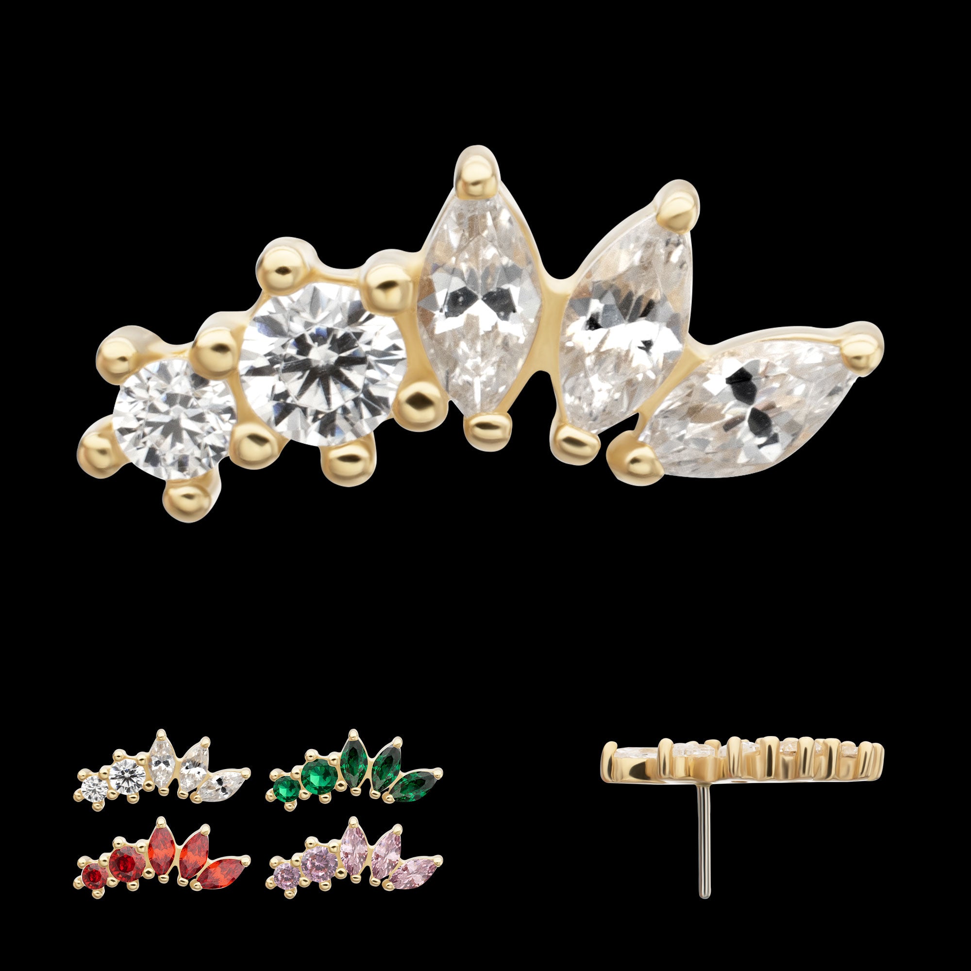 Marquise Bloom 5-Cluster Gem Flatback Stud Earring / Nosering - Gem in 14Kt Yellow Gold