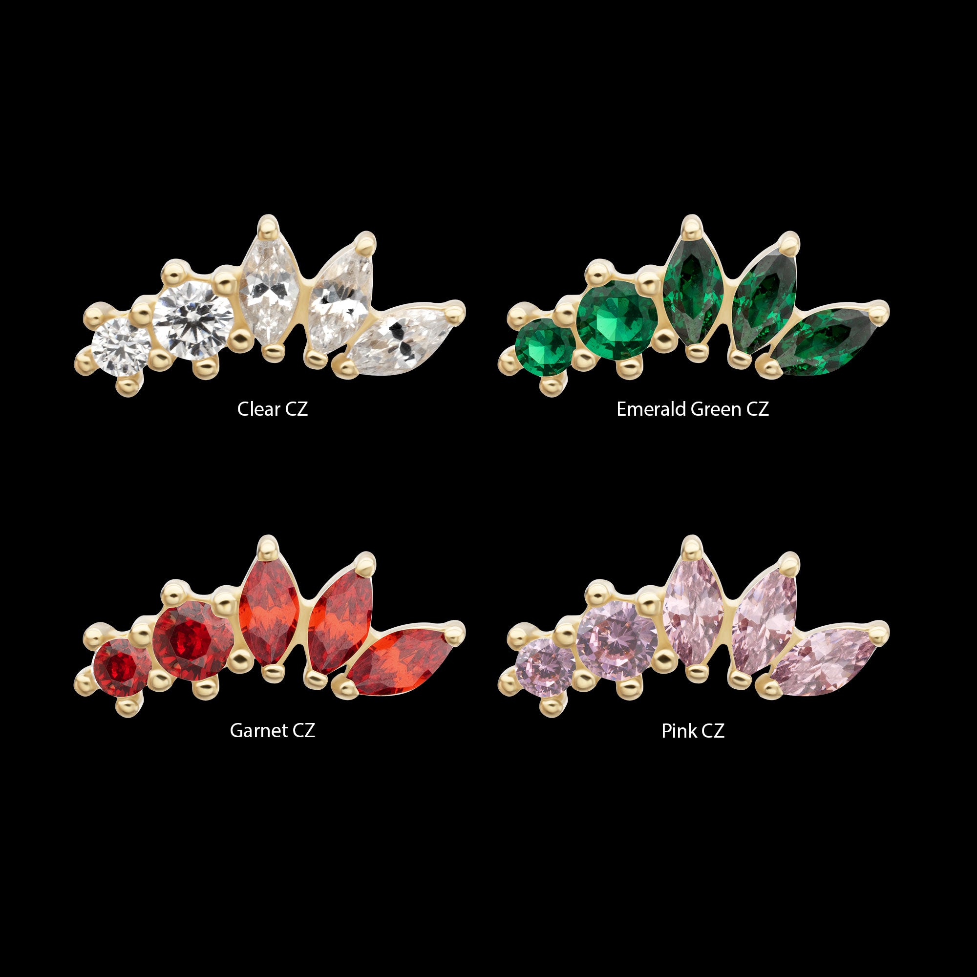 Marquise Bloom 5-Cluster Gem Flatback Stud Earring / Nosering - Gem in 14Kt Yellow Gold