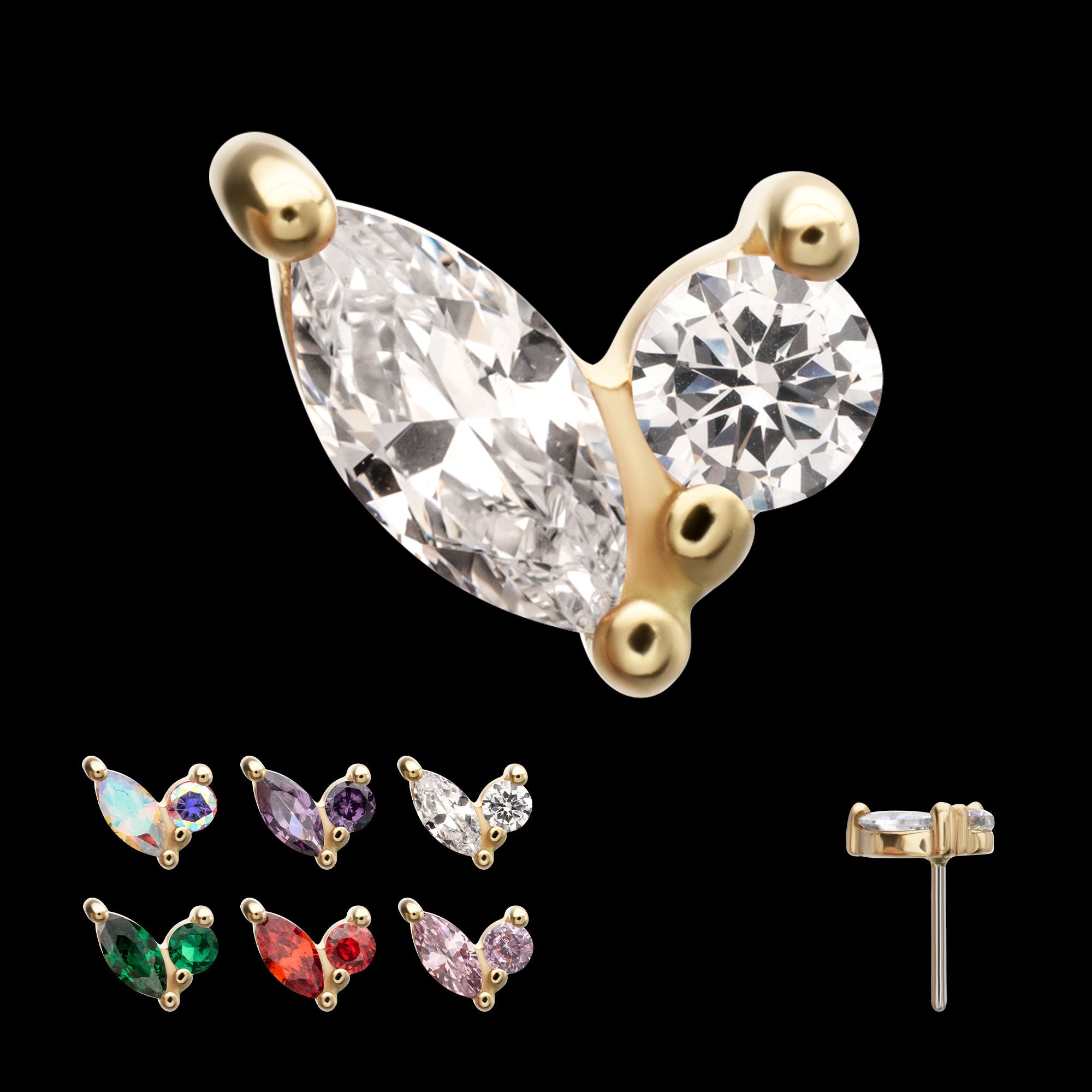 Dual CZ Gem Harmony Flatback Stud Earring / Nosering - CZ in 14Kt Yellow Gold