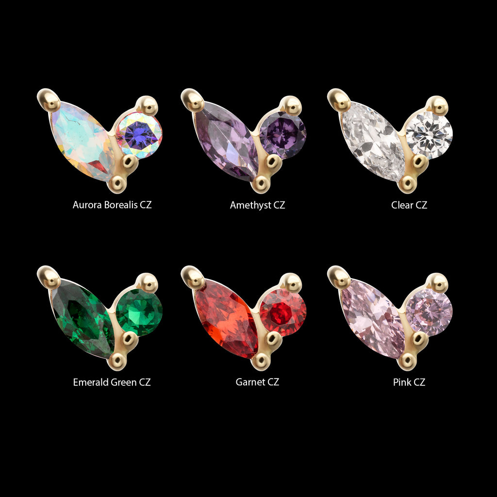 Dual CZ Gem Harmony Flatback Stud Earring / Nosering - CZ in 14Kt Yellow Gold