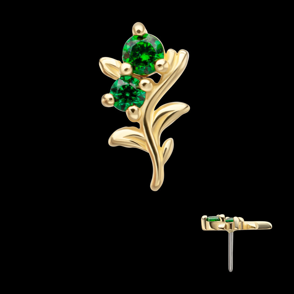 Low Profile 3-Prong Duo Gem Emerald Sprout Flatback Stud Earring / Nosering - Gem in 14Kt Yellow Gold