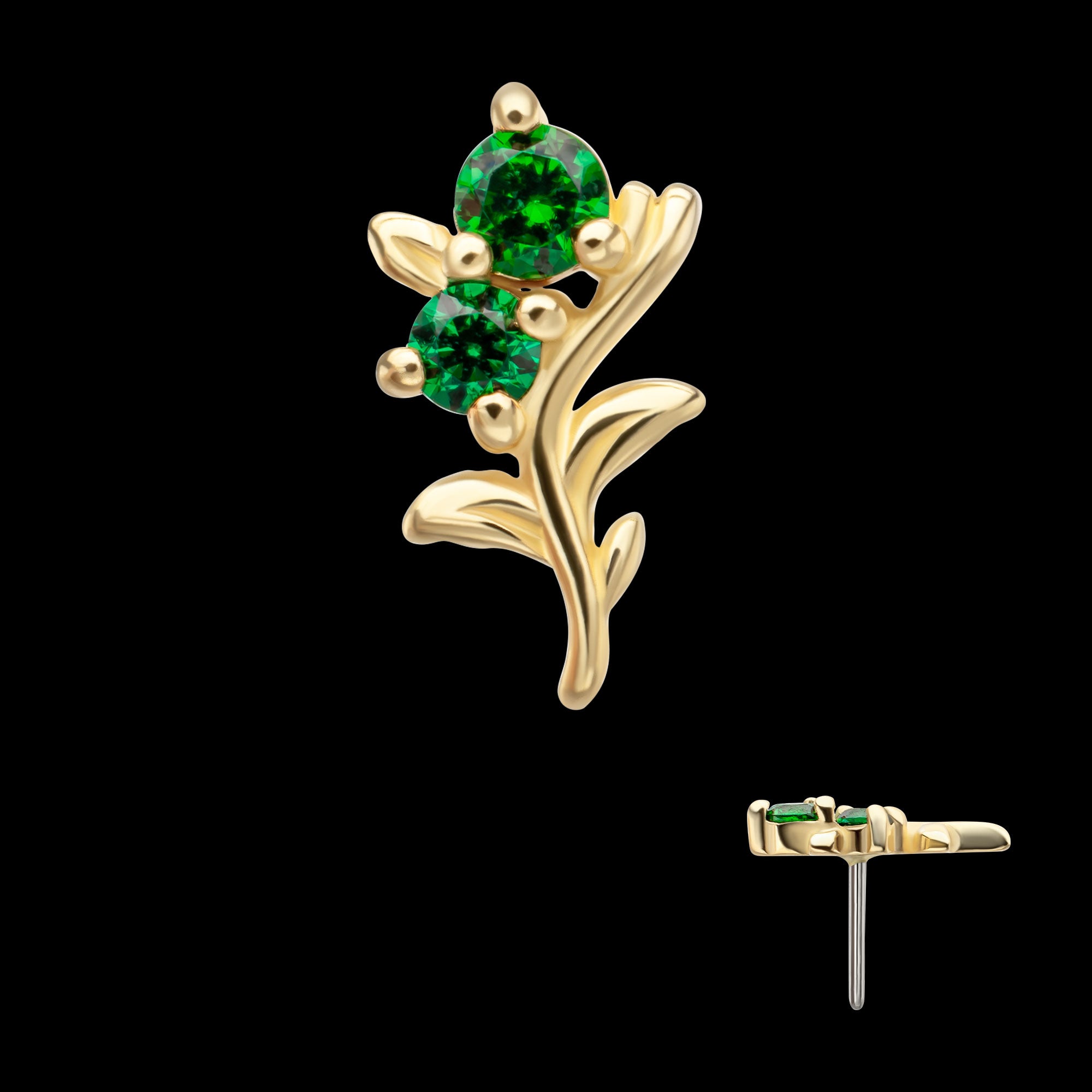 Low Profile 3-Prong Duo Gem Emerald Sprout Flatback Stud Earring / Nosering - Gem in 14Kt Yellow Gold