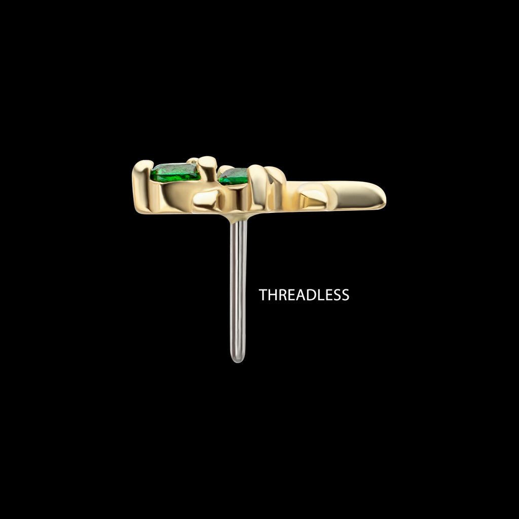 Low Profile 3-Prong Duo Gem Emerald Sprout Flatback Stud Earring / Nosering - Gem in 14Kt Yellow Gold