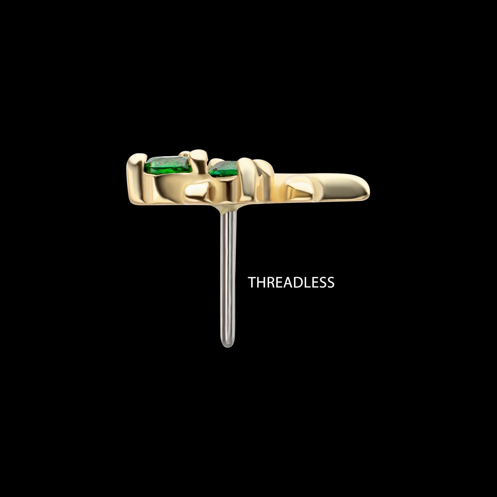Low Profile 3-Prong Duo Gem Emerald Sprout Flatback Stud Earring / Nosering - Gem in 14Kt Yellow Gold
