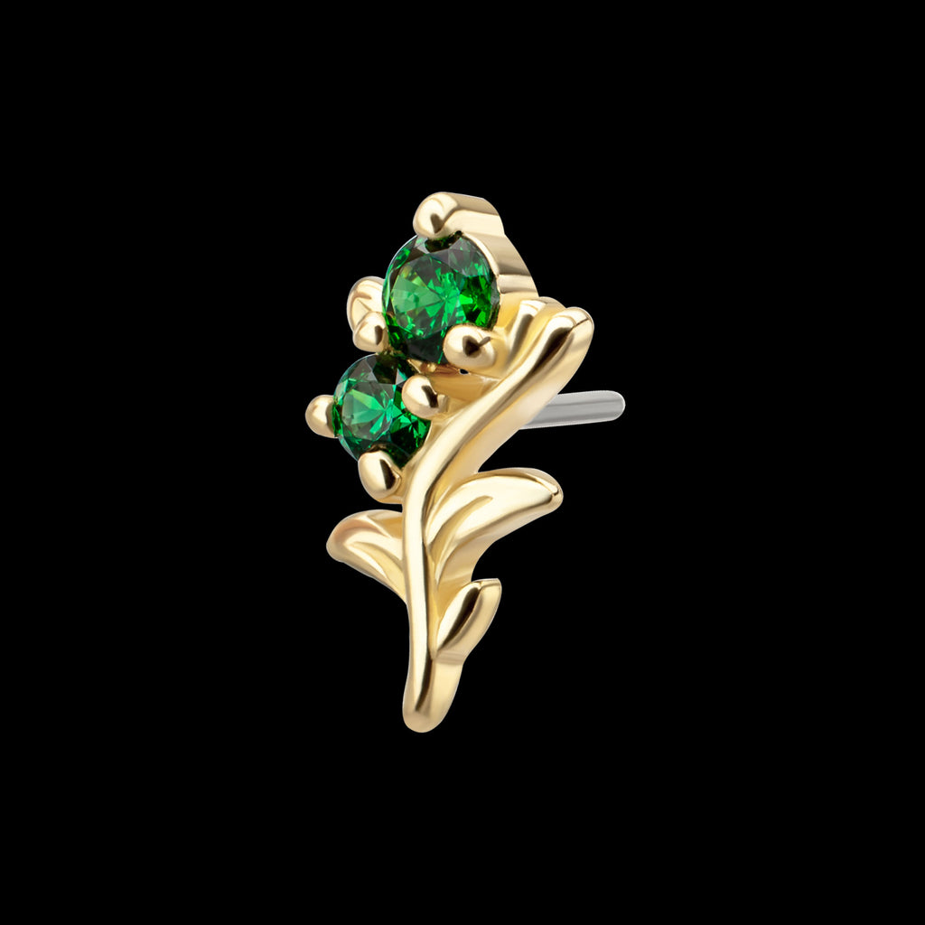 Low Profile 3-Prong Duo Gem Emerald Sprout Flatback Stud Earring / Nosering - Gem in 14Kt Yellow Gold