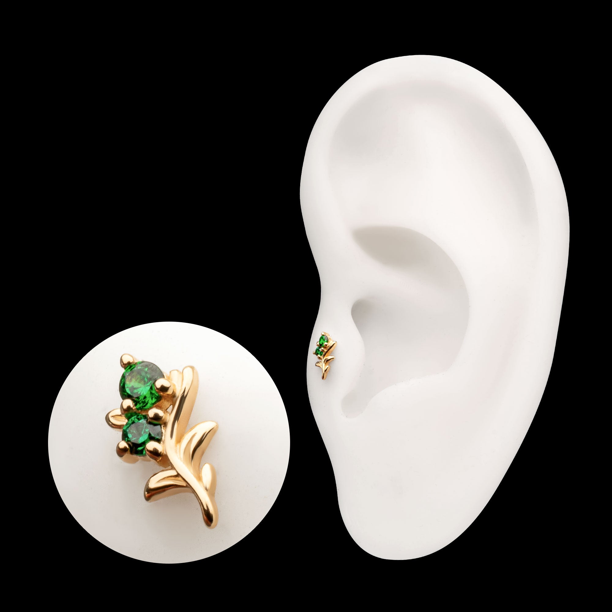 Low Profile 3-Prong Duo Gem Emerald Sprout Flatback Stud Earring / Nosering - Gem in 14Kt Yellow Gold