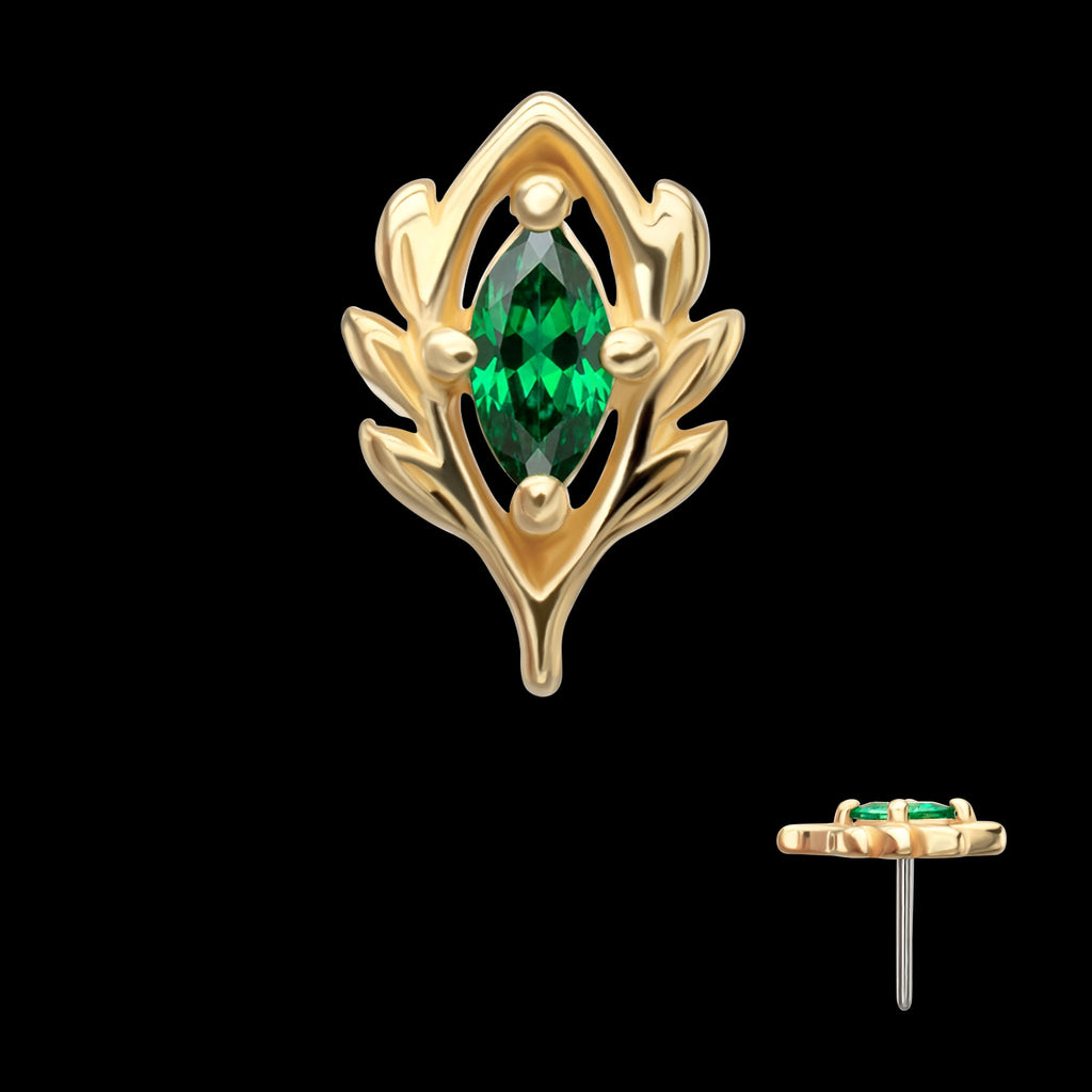 Low Profile 4-Prong Marquise Gem Emerald Vine Flatback Stud Earring / Nosering - Gem in 14Kt Yellow Gold