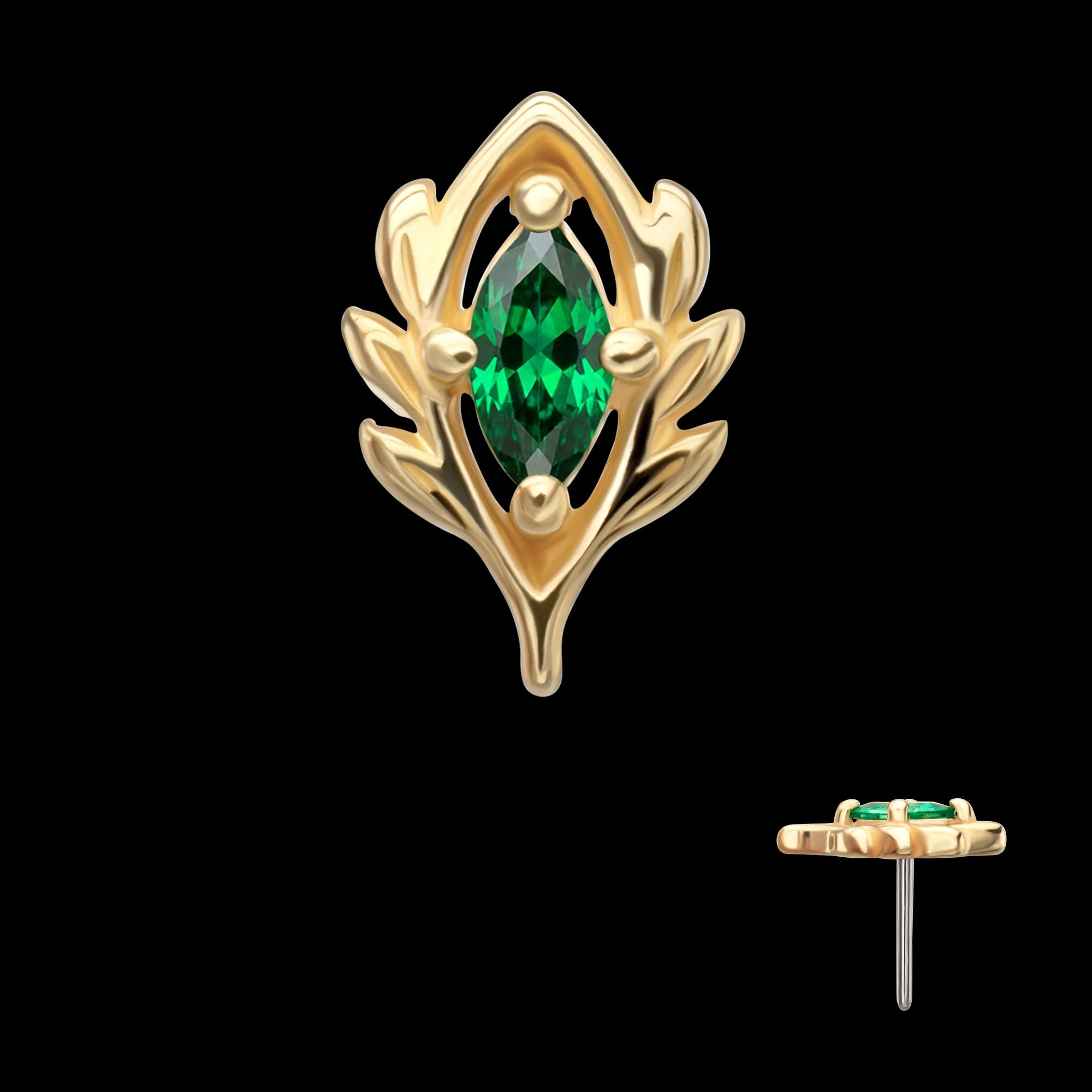 Low Profile 4-Prong Marquise Gem Emerald Vine Flatback Stud Earring / Nosering - Gem in 14Kt Yellow Gold
