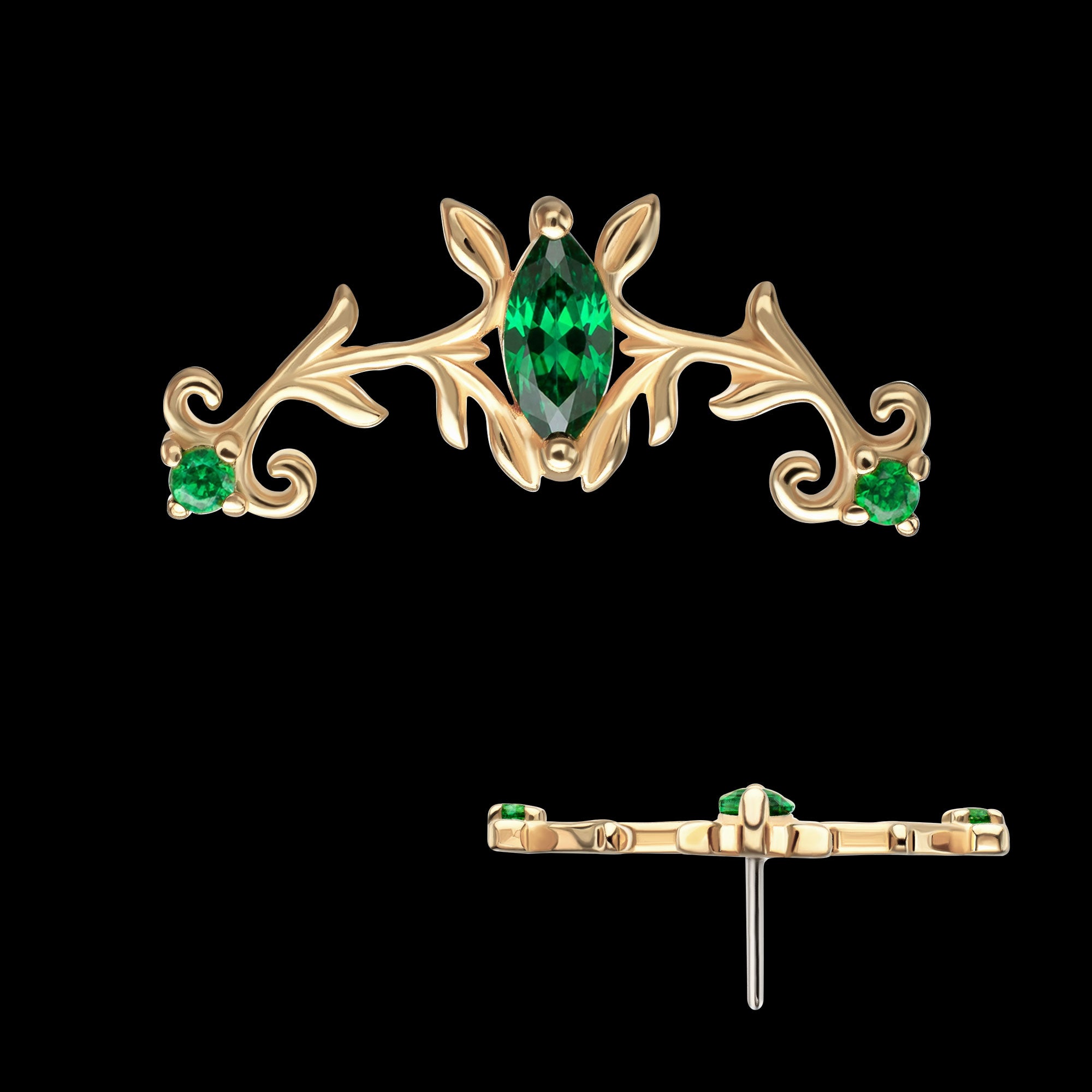 Low Profile Prong Set Gem Emerald Crown Flatback Stud Earring / Nosering - Gem in 14Kt Yellow Gold