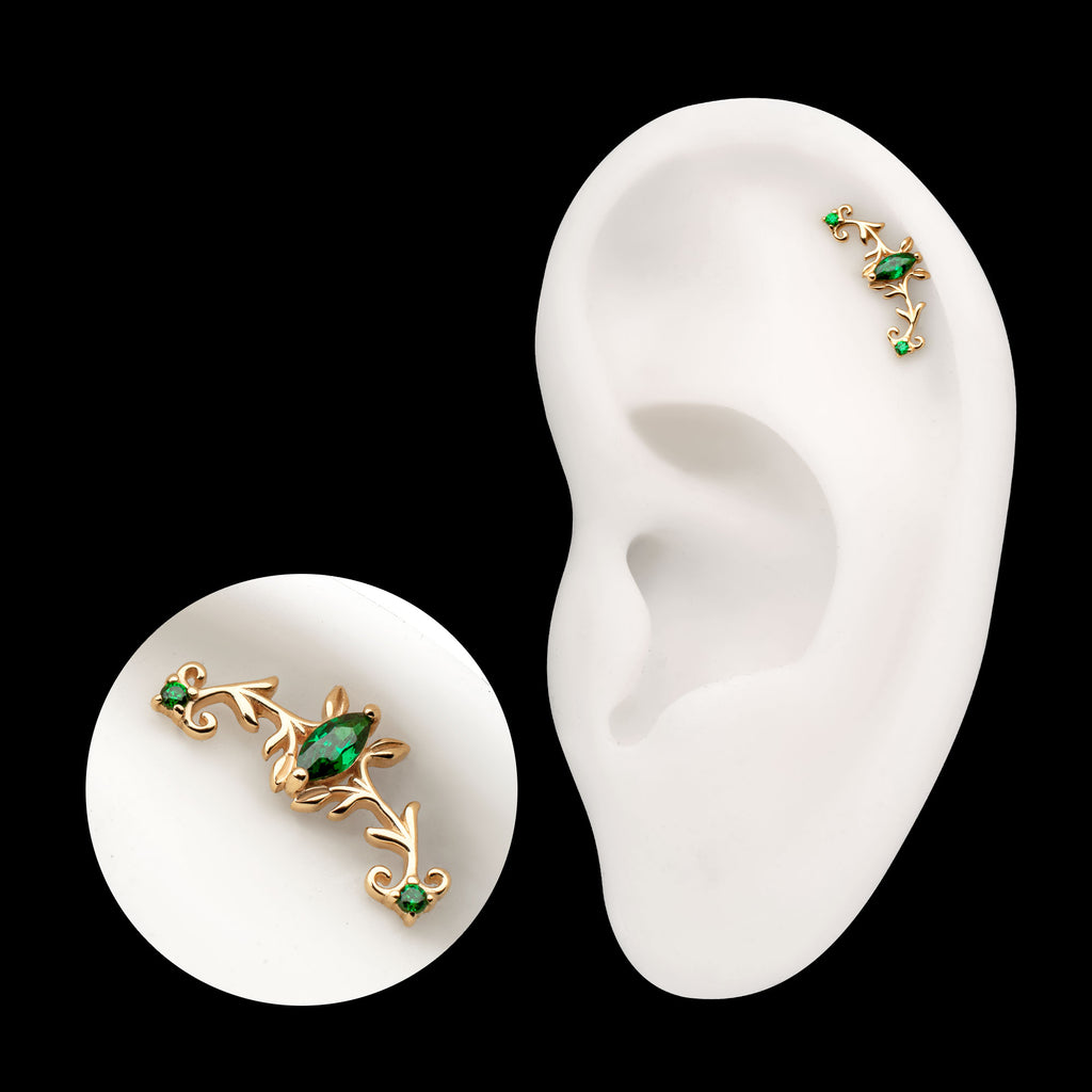Low Profile Prong Set Gem Emerald Crown Flatback Stud Earring / Nosering - Gem in 14Kt Yellow Gold