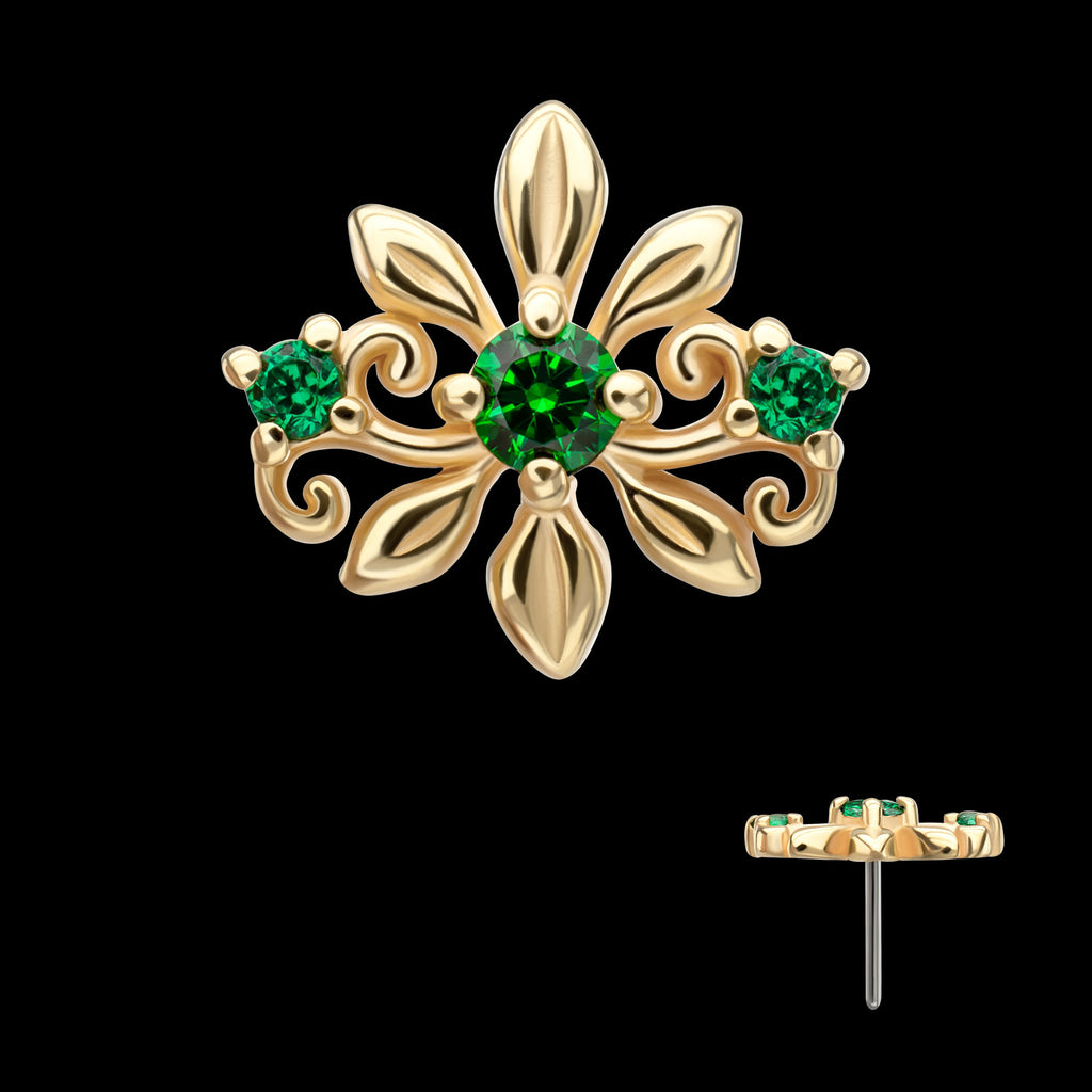 Low Profile Prong Set Gem Emerald Blossom Flatback Stud Earring / Nosering - Gem in 14Kt Yellow Gold