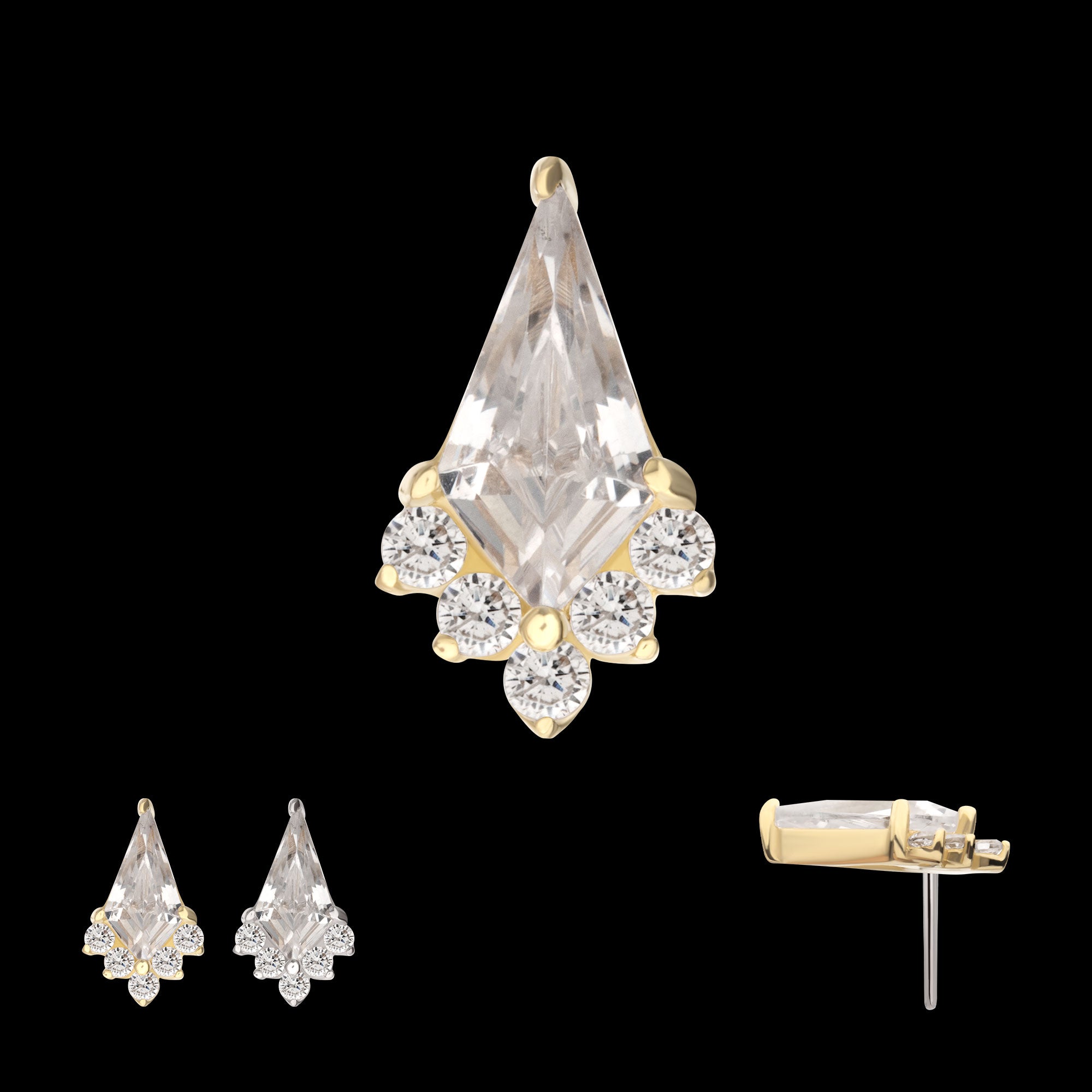 Kite Shape with 5-Cluster Prong Set Round Gem Flatback Stud Earring / Nosering - Gem in 14Kt Gold