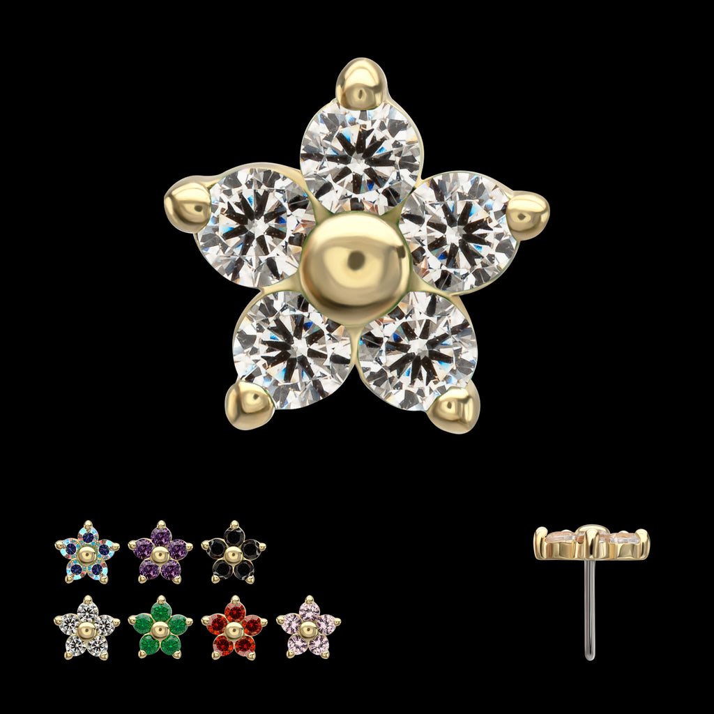 Low Profile 5-Petal Prong Set Gem Flower Flatback Stud Earring / Nosering - Gem in 14Kt Yellow Gold