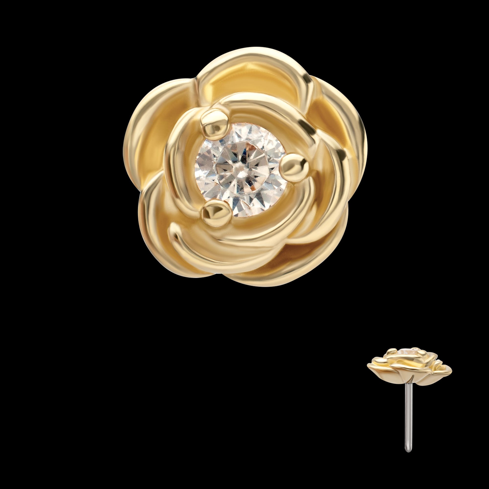 Low Profile 3-Prong Gem Rosebud Bloom Flatback Stud Earring / Nosering - Gem in 14Kt Yellow Gold