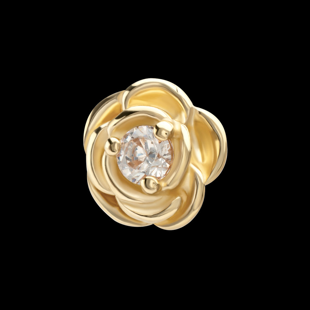 Low Profile 3-Prong Gem Rosebud Bloom Flatback Stud Earring / Nosering - Gem in 14Kt Yellow Gold