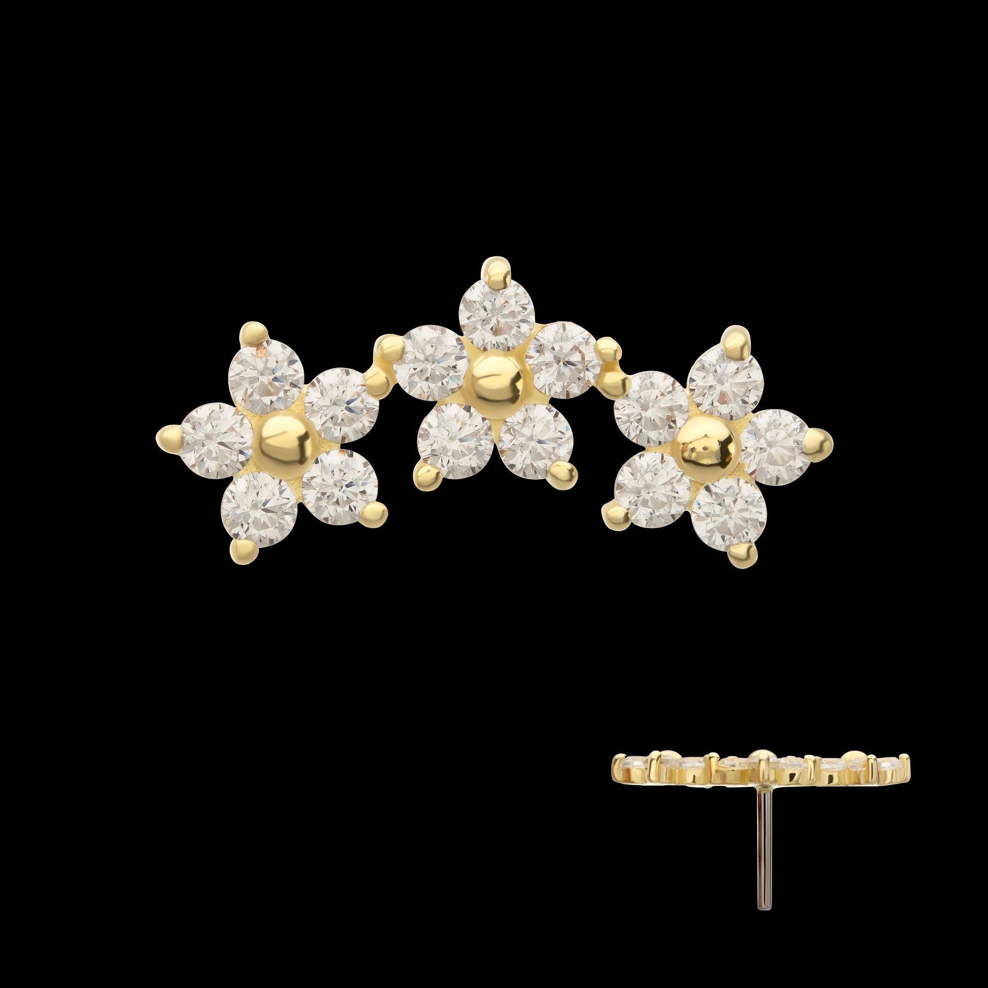 7-Prong Gem Cluster Tri-Flower Threadless Earring / Nosering – 14Kt Yellow Gold
