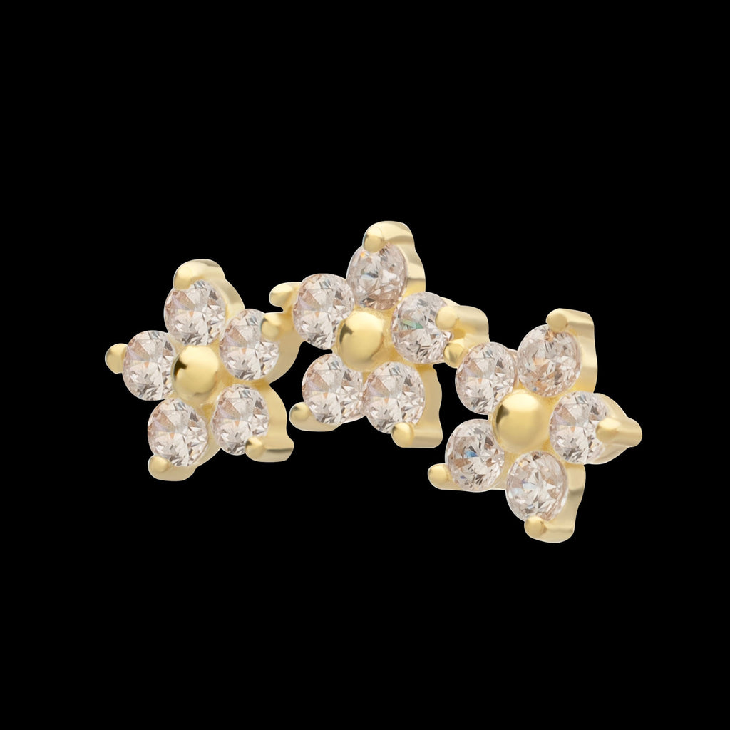 7-Prong Gem Cluster Tri-Flower Threadless Earring / Nosering – 14Kt Yellow Gold