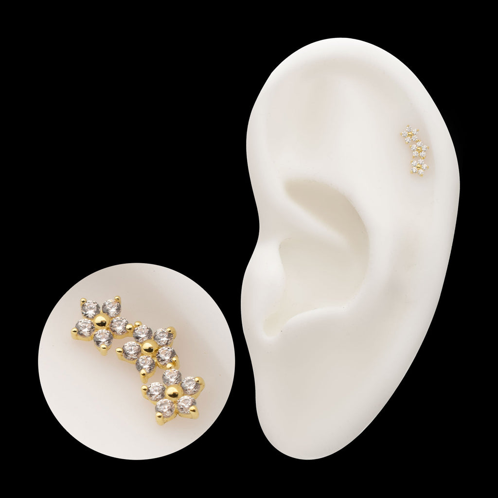 7-Prong Gem Cluster Tri-Flower Threadless Earring / Nosering – 14Kt Yellow Gold