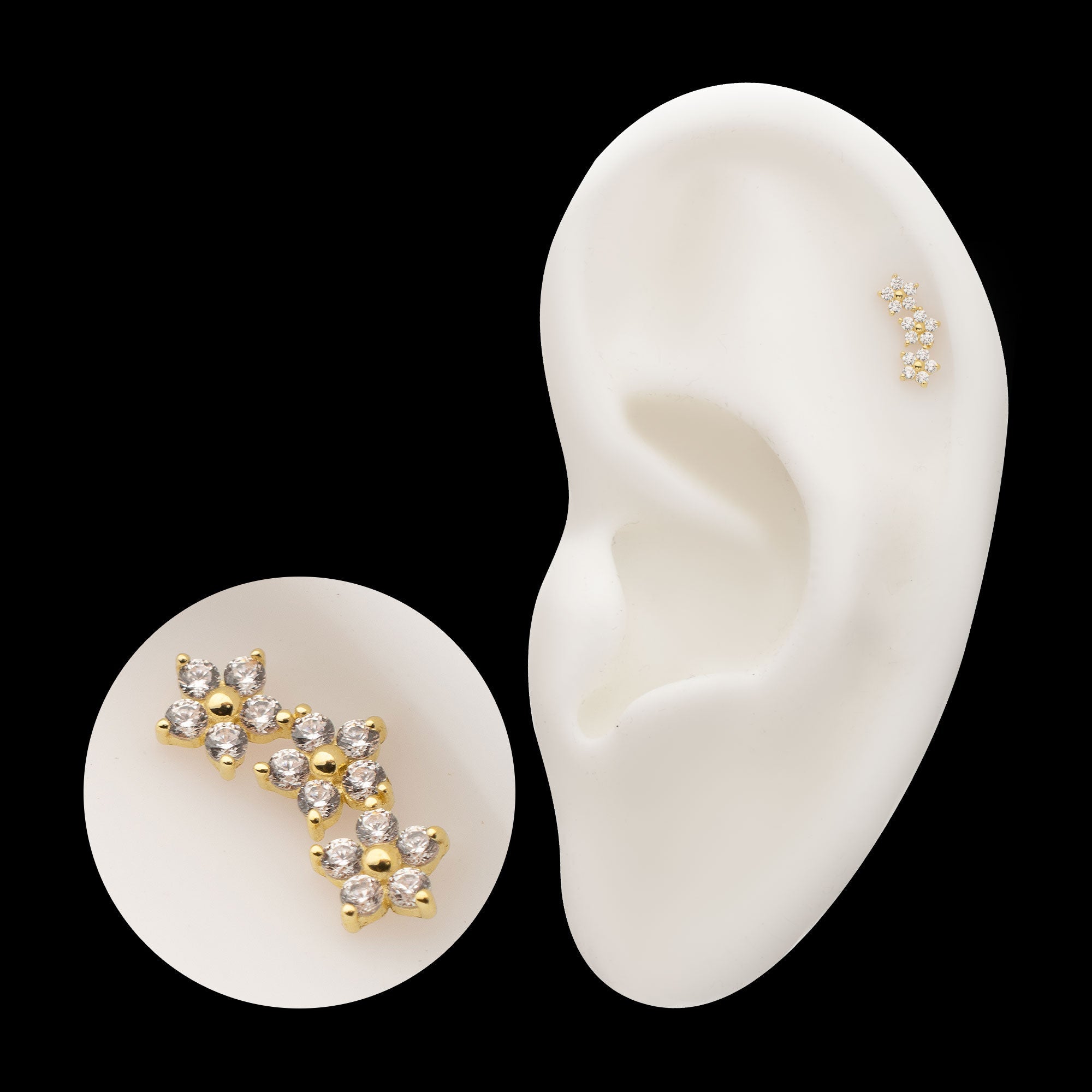 7-Prong Gem Cluster Tri-Flower Threadless Earring / Nosering – 14Kt Yellow Gold