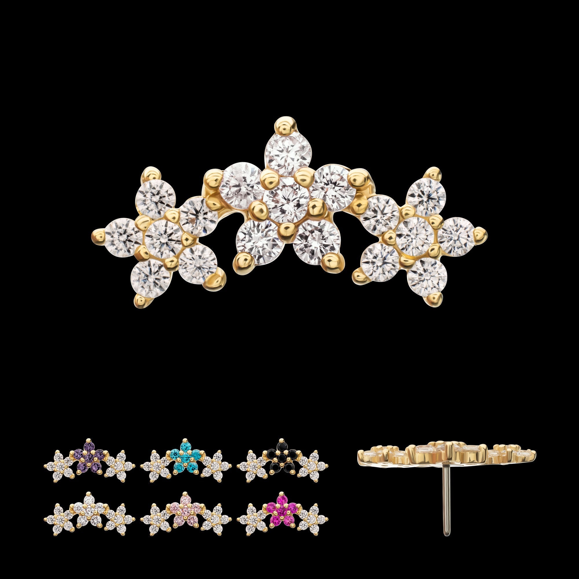 6-Prong Gem Cluster Tri-Flower Threadless Earring / Nosering – 14Kt Yellow Gold