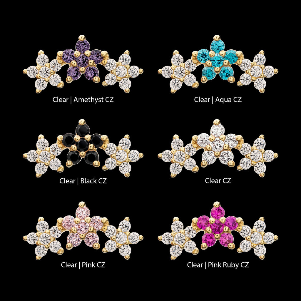 6-Prong Gem Cluster Tri-Flower Threadless Earring / Nosering – 14Kt Yellow Gold