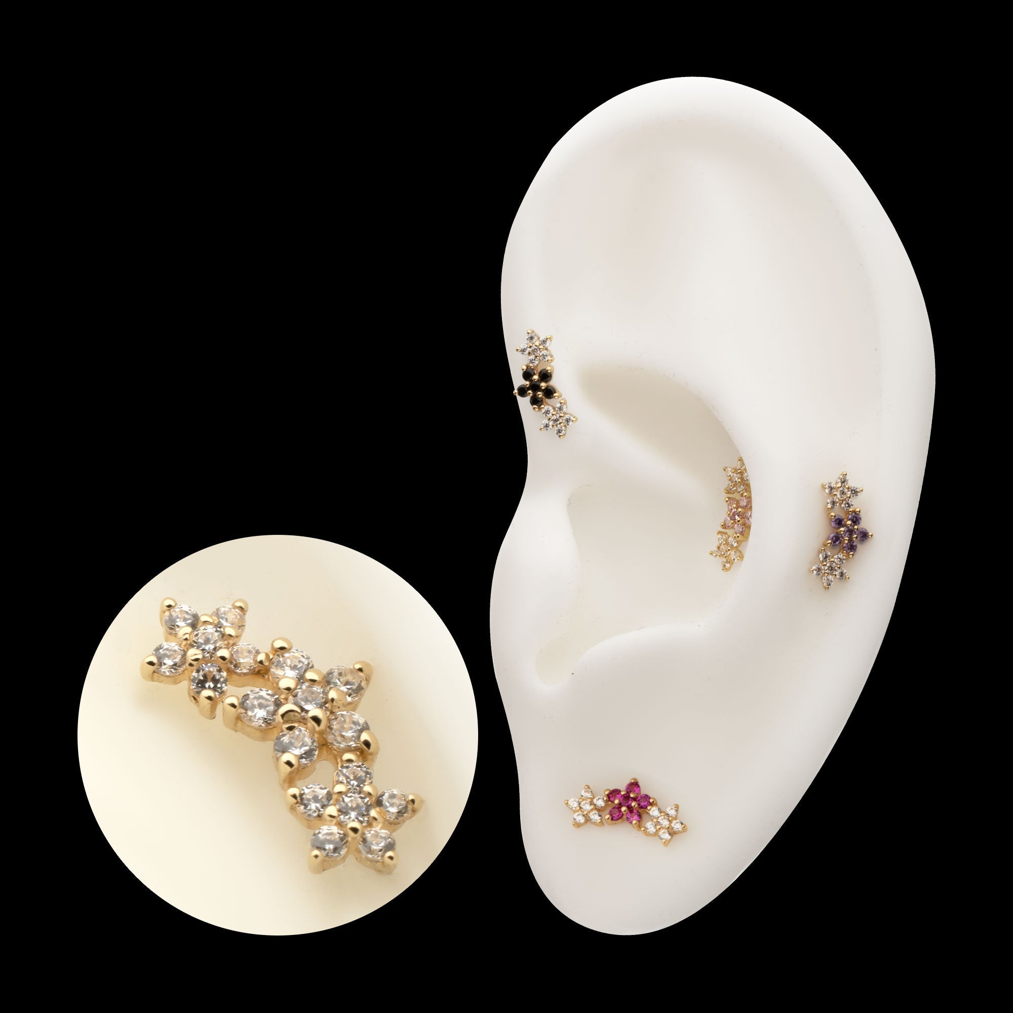 6-Prong Gem Cluster Tri-Flower Threadless Earring / Nosering – 14Kt Yellow Gold