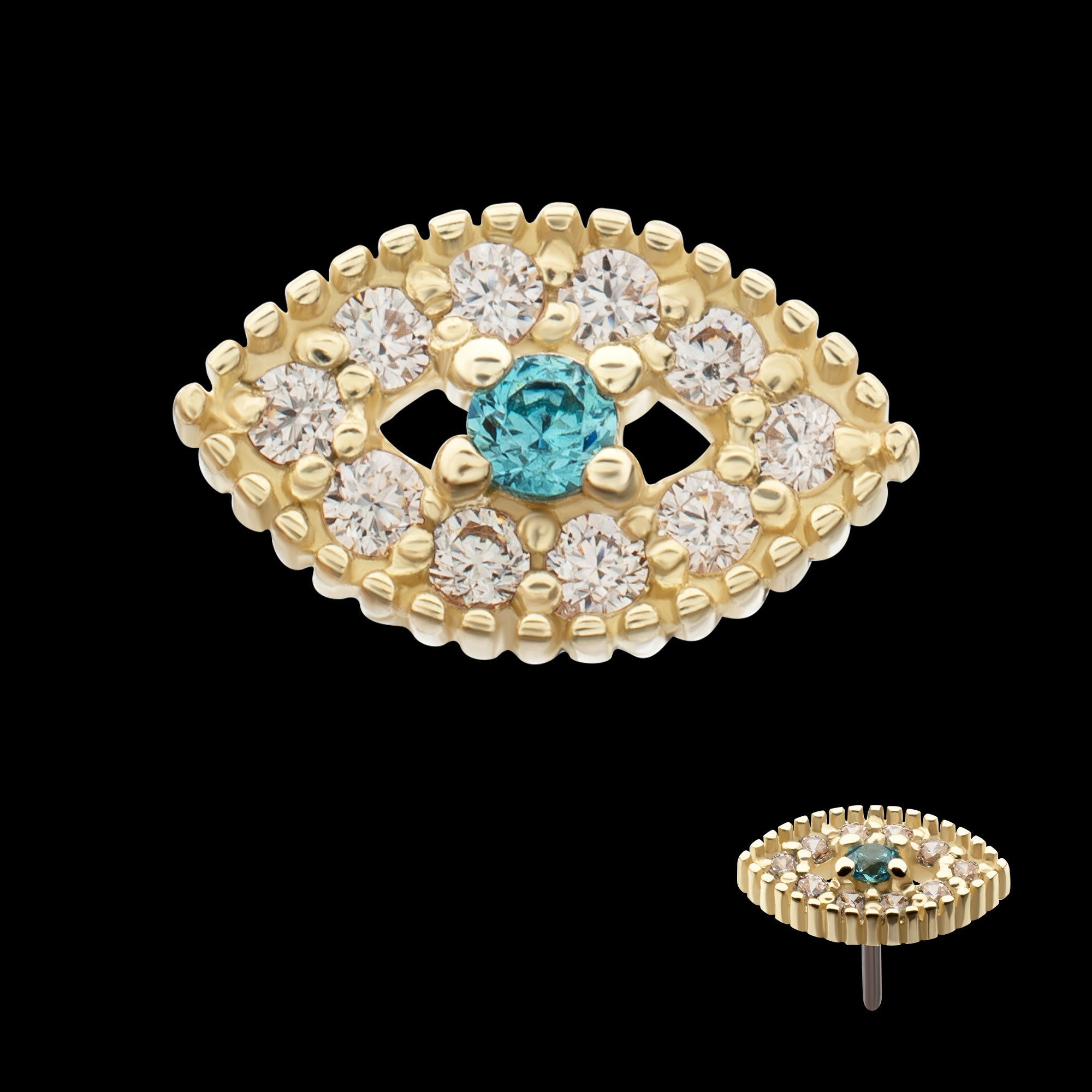Beaded Edge Cut-Out Evil Eye Aqua Gem with Paved Clear CZ Gem Threadless Earring / Nosering – 14Kt Yellow Gold