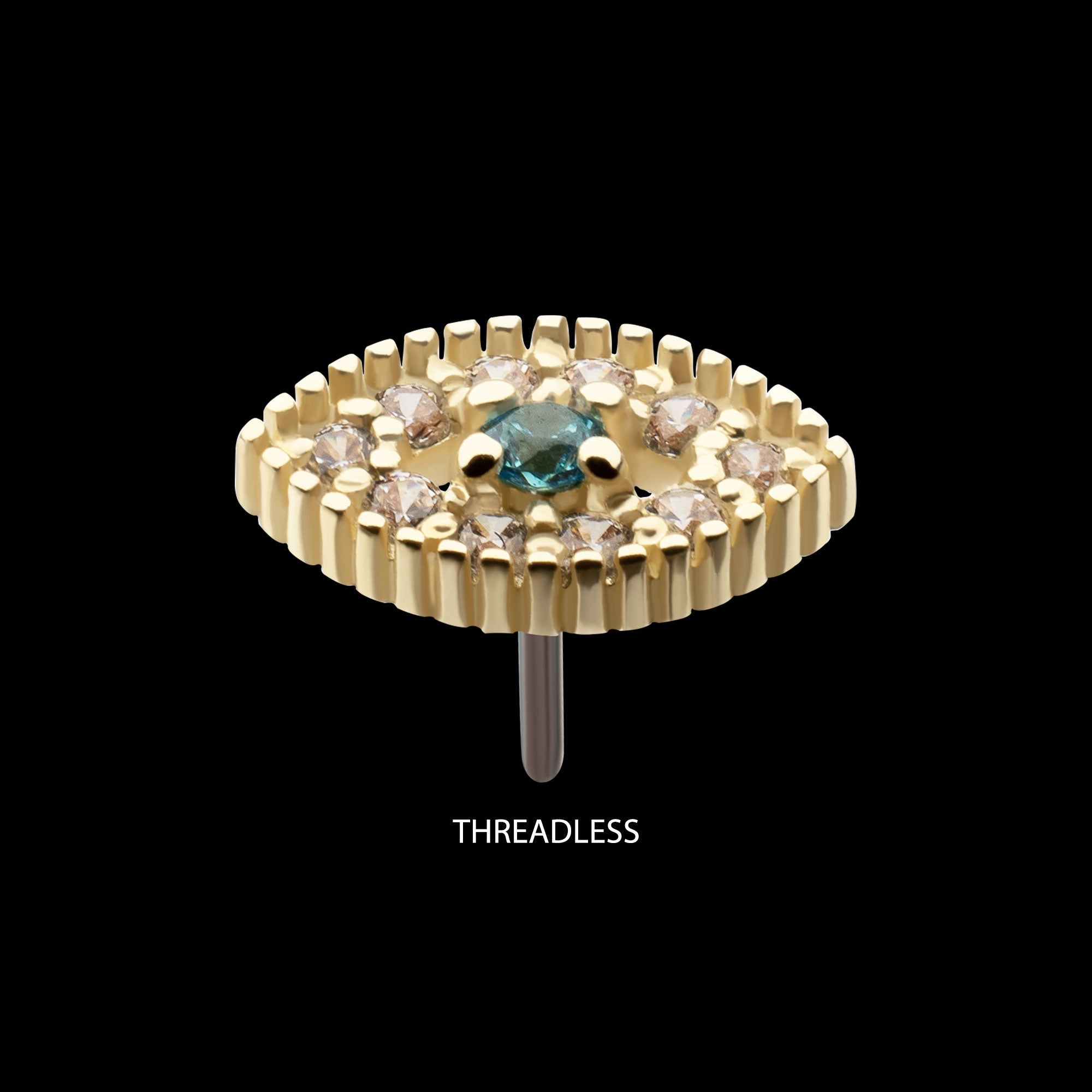 Beaded Edge Cut-Out Evil Eye Aqua Gem with Paved Clear CZ Gem Threadless Earring / Nosering – 14Kt Yellow Gold