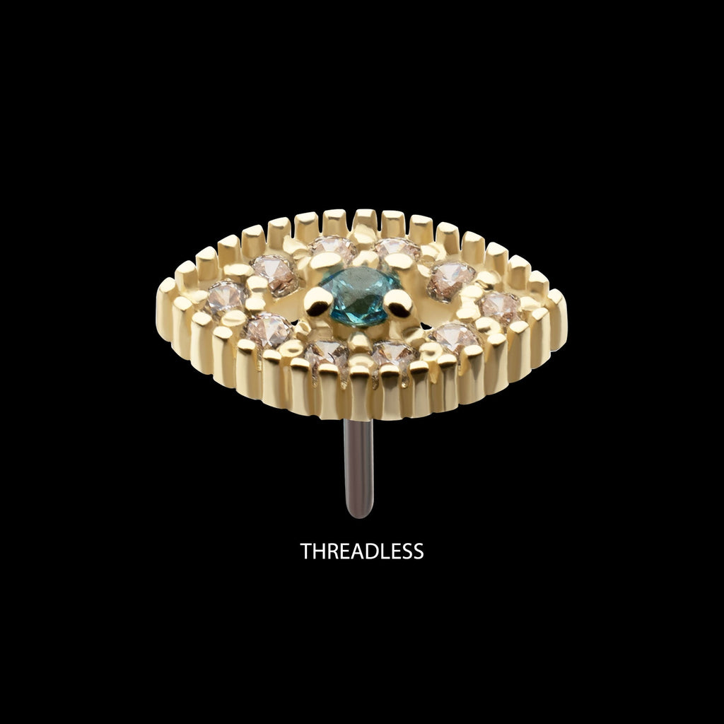 Beaded Edge Cut-Out Evil Eye Aqua Gem with Paved Clear CZ Gem Threadless Earring / Nosering – 14Kt Yellow Gold