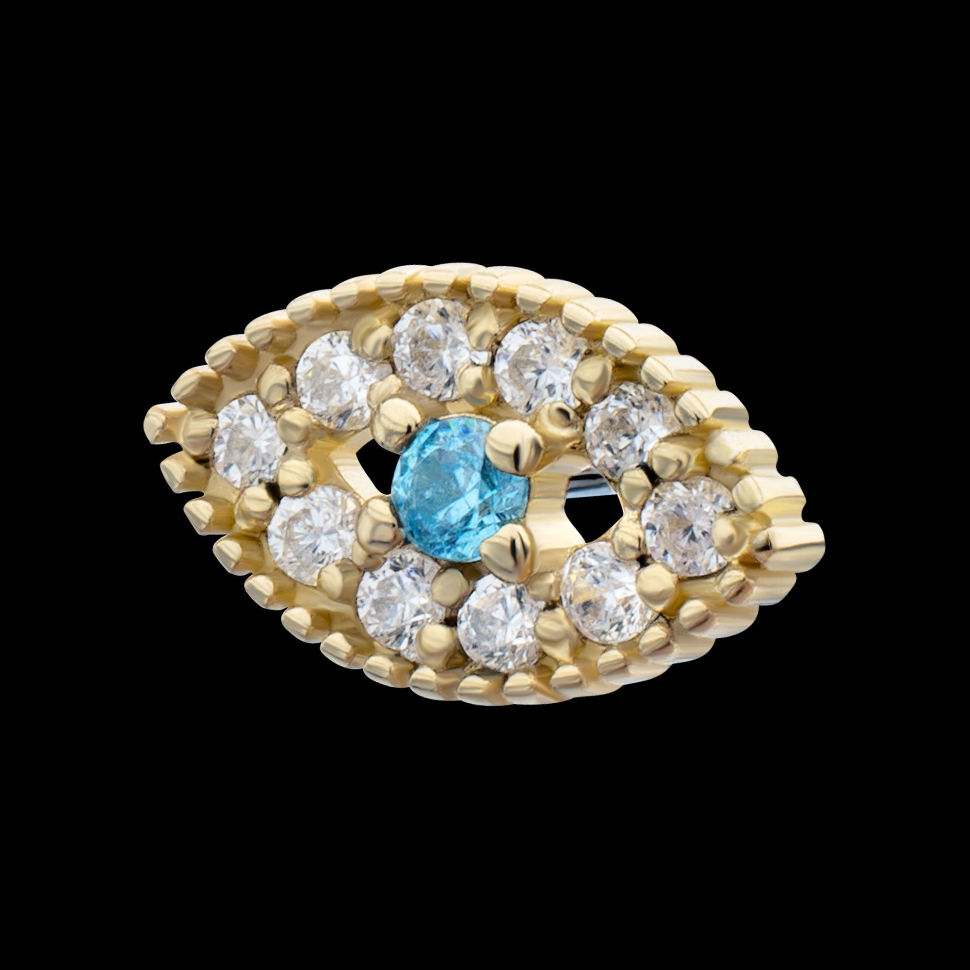 Beaded Edge Cut-Out Evil Eye Aqua Gem with Paved Clear CZ Gem Threadless Earring / Nosering – 14Kt Yellow Gold