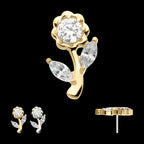 Rose Flower & Stem with Prong Set Rond & Marquise Gem Flatback Stud Earring / Nosering - Gem in 14Kt Gold