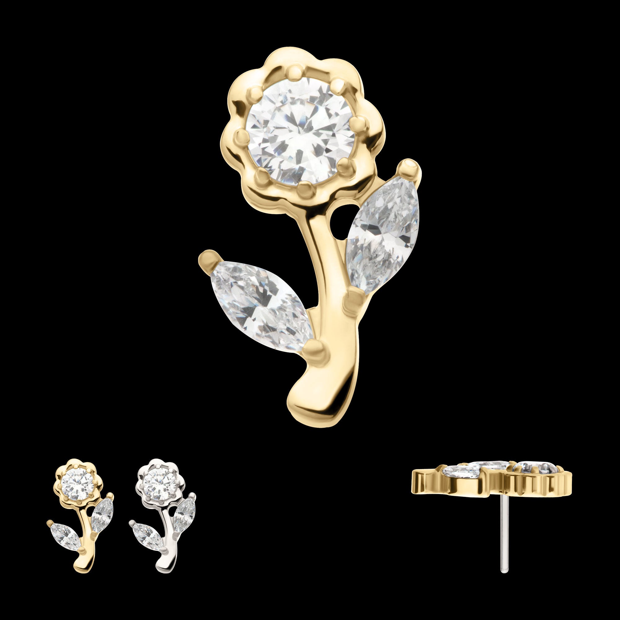 Rose Flower & Stem with Prong Set Rond & Marquise Gem Flatback Stud Earring / Nosering - Gem in 14Kt Gold