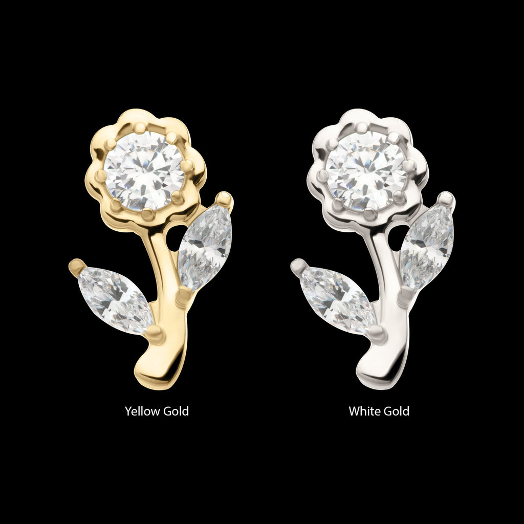 Rose Flower & Stem with Prong Set Rond & Marquise Gem Flatback Stud Earring / Nosering - Gem in 14Kt Gold