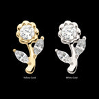 Rose Flower & Stem with Prong Set Rond & Marquise Gem Flatback Stud Earring / Nosering - Gem in 14Kt Gold