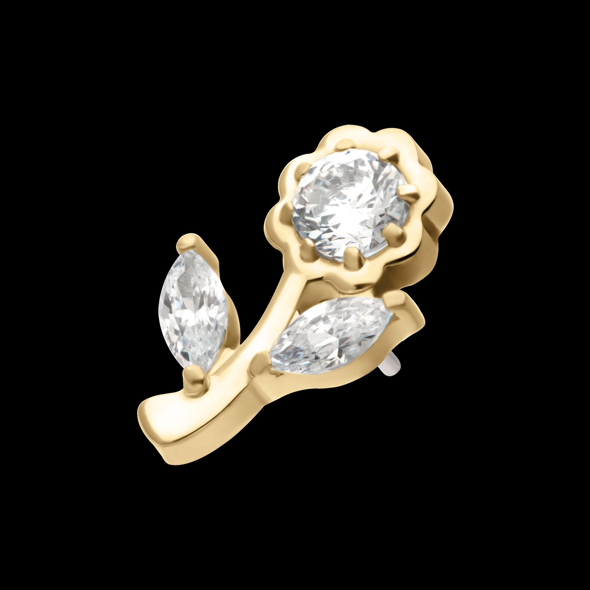 Rose Flower & Stem with Prong Set Rond & Marquise Gem Flatback Stud Earring / Nosering - Gem in 14Kt Gold