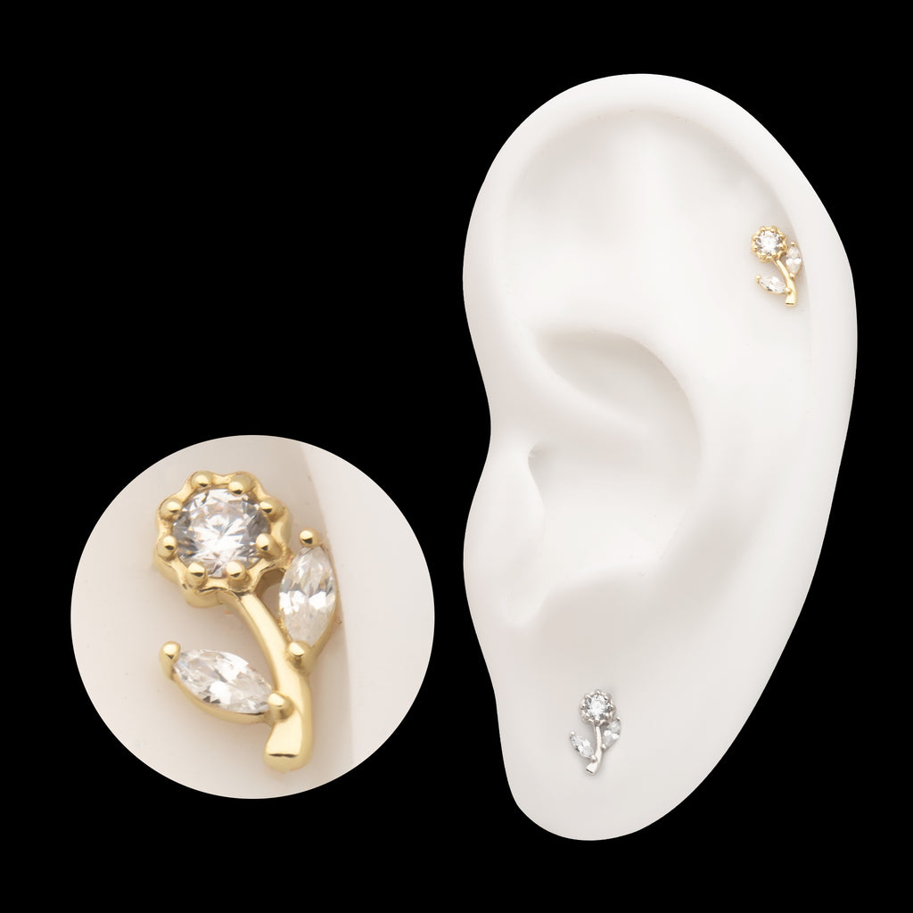 Rose Flower & Stem with Prong Set Rond & Marquise Gem Flatback Stud Earring / Nosering - Gem in 14Kt Gold