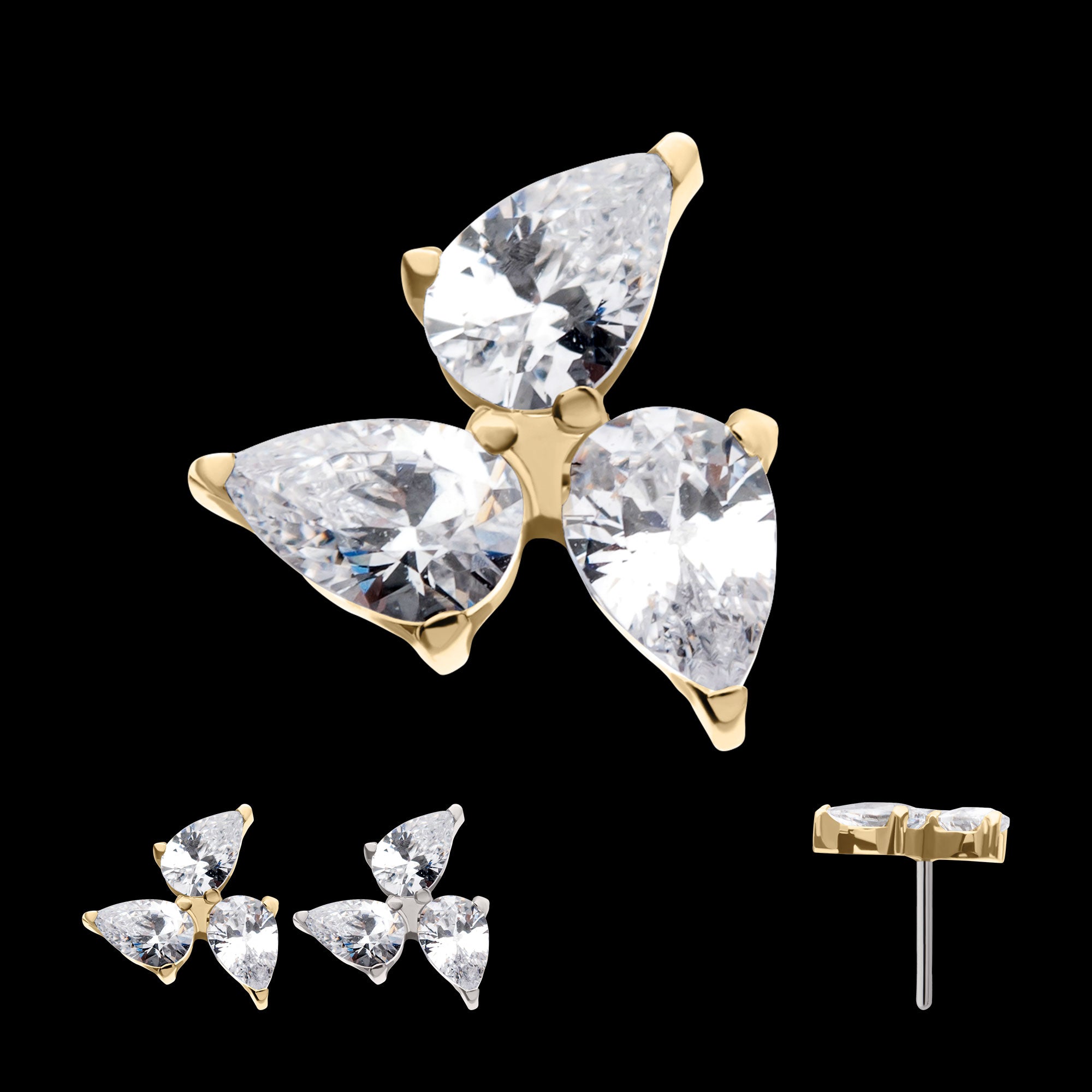 Triple Teardrop Prong Set Gem Flatback Stud Earring / Nosering - Gem in 14Kt Gold