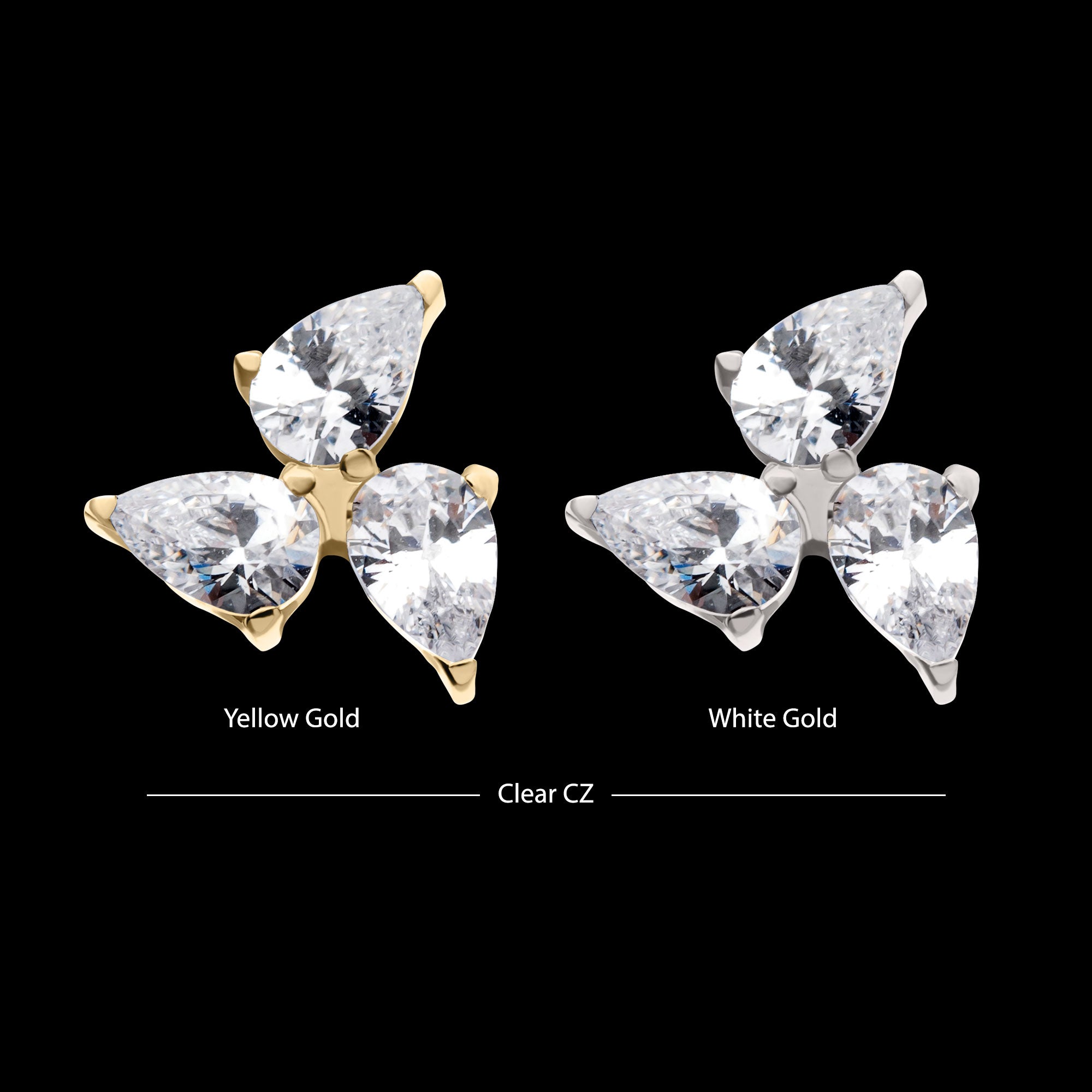Triple Teardrop Prong Set Gem Flatback Stud Earring / Nosering - Gem in 14Kt Gold