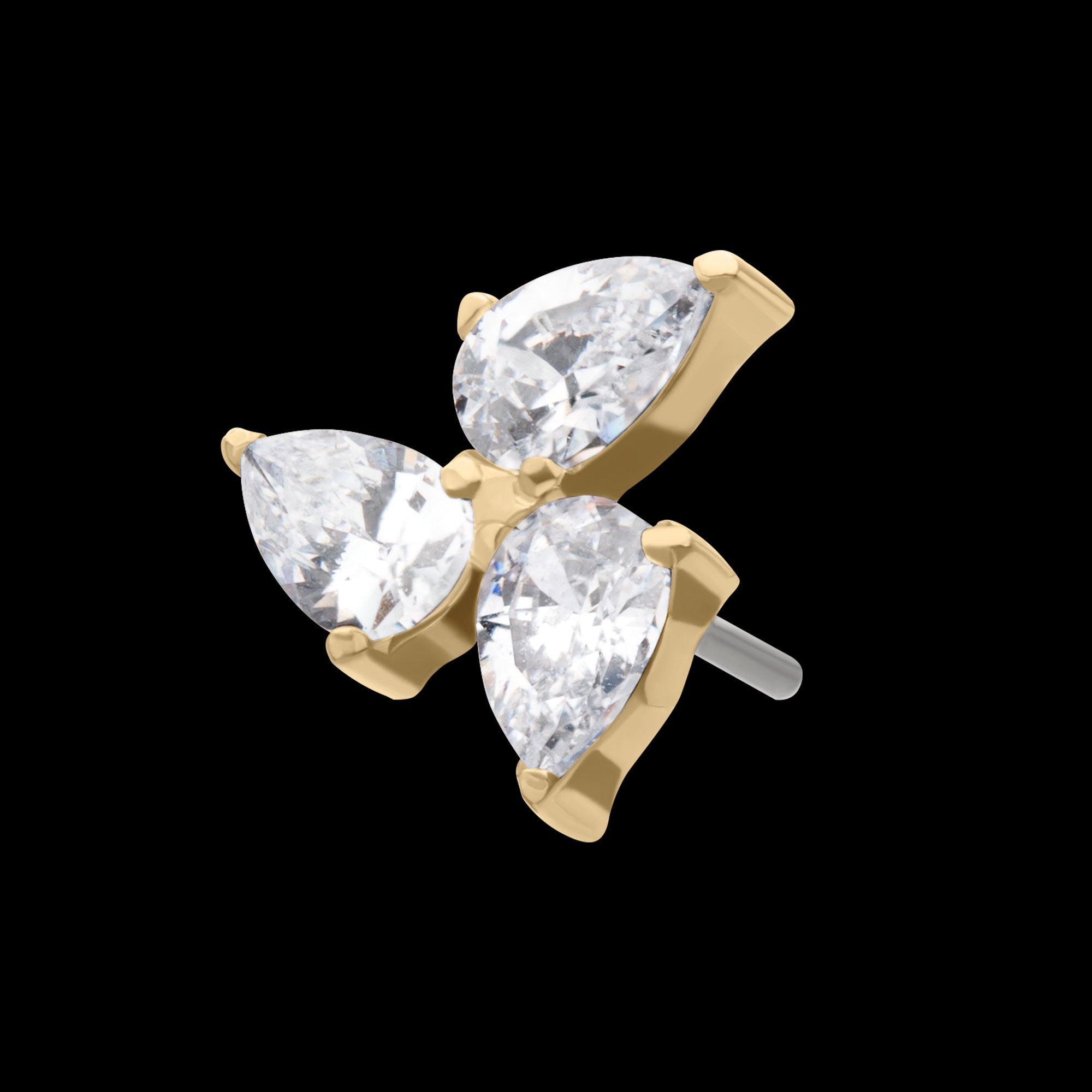 Triple Teardrop Prong Set Gem Flatback Stud Earring / Nosering - Gem in 14Kt Gold