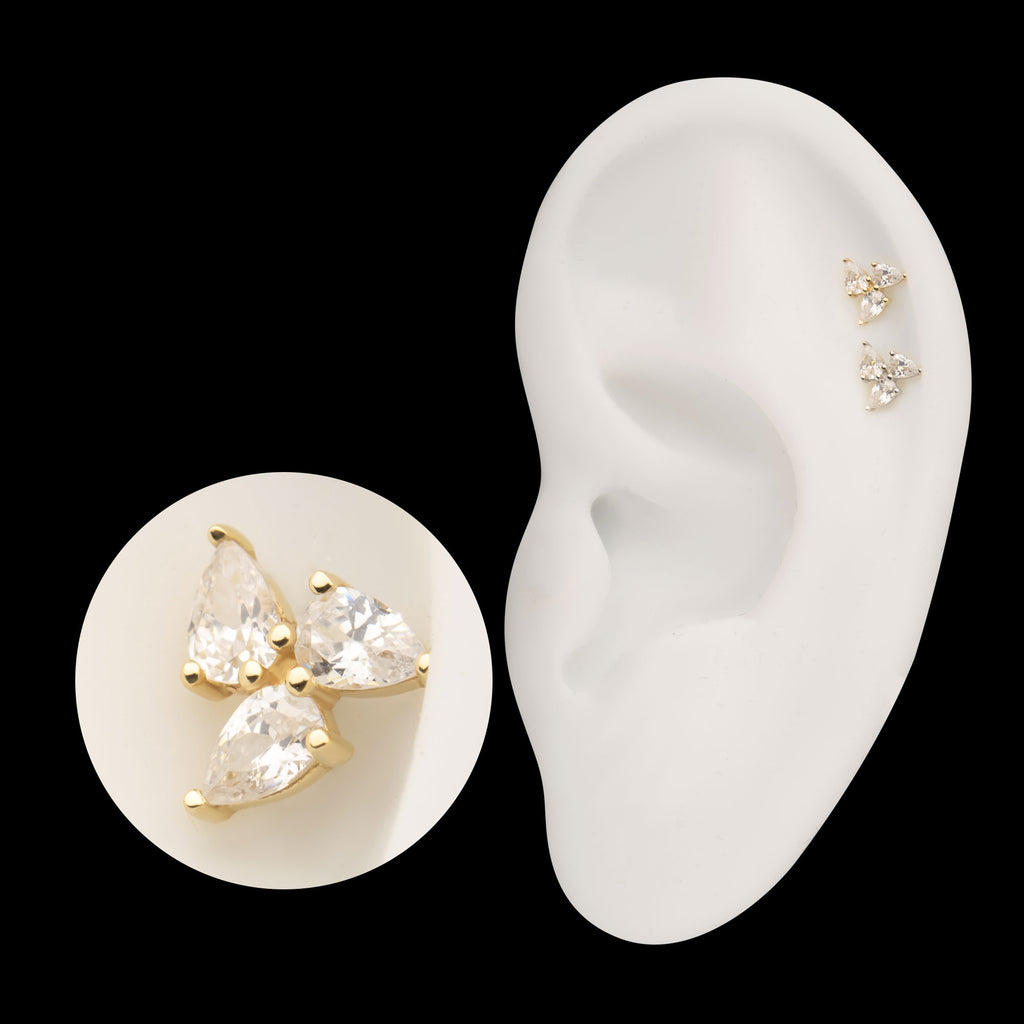 Triple Teardrop Prong Set Gem Flatback Stud Earring / Nosering - Gem in 14Kt Gold