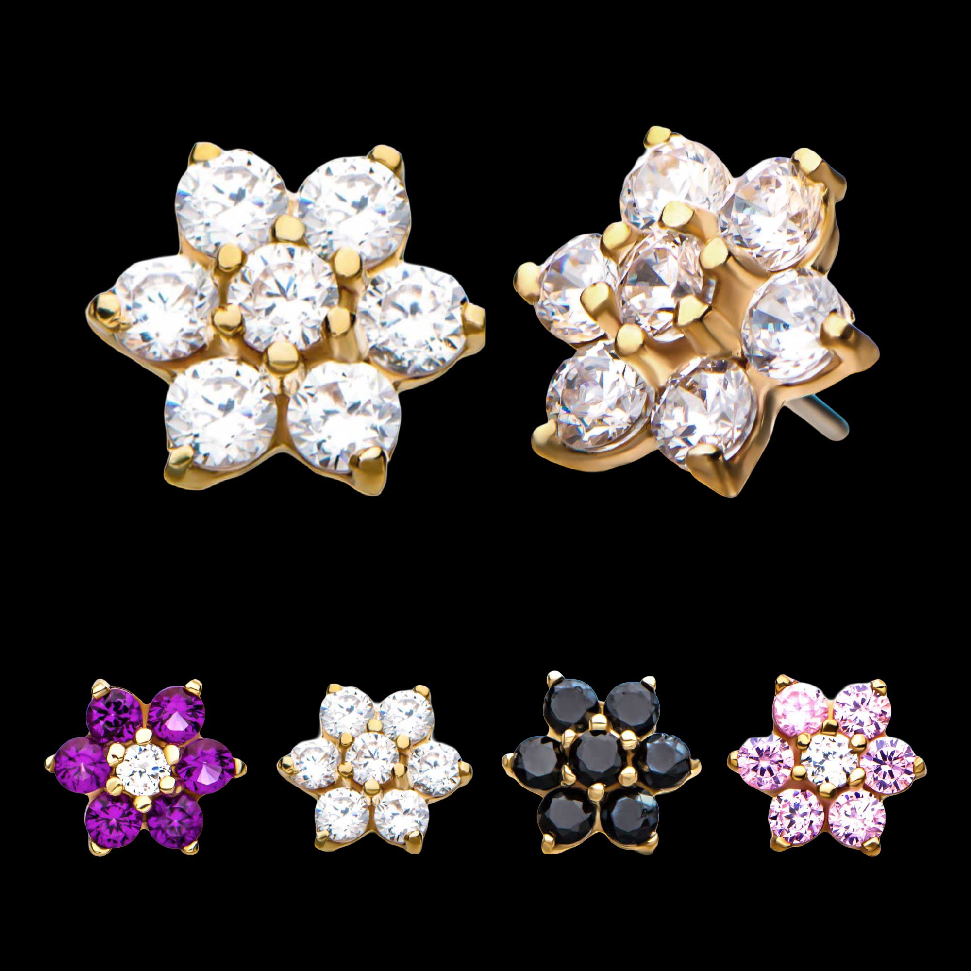 7-CZ Gems Flatback Stud Earring / Nosering - CZ in 14Kt Yellow Gold