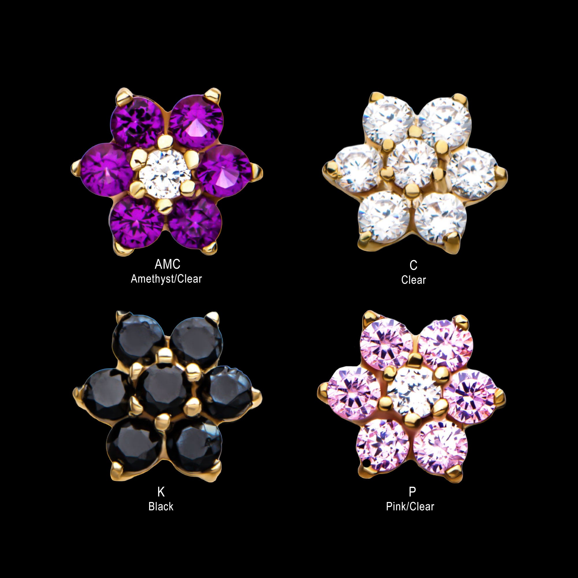 7-CZ Gems Flatback Stud Earring / Nosering - CZ in 14Kt Yellow Gold
