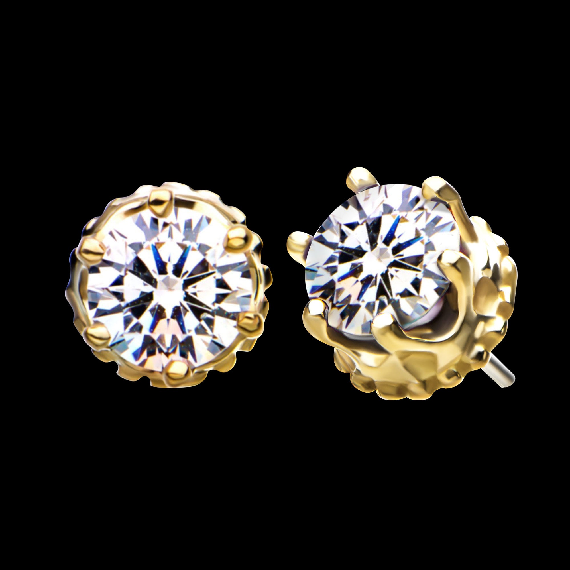 Crown Set CZ Gem Flatback Stud Earring / Nosering - CZ in 14Kt Yellow Gold