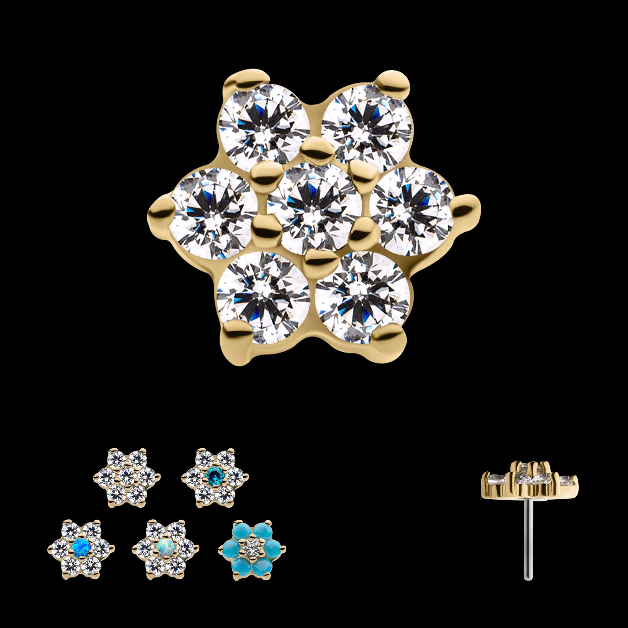 6 Prong Set Clear CZ and Centerpiece CZ/Synthetic Opal Flower Flatback Stud Earring / Nosering - Synthetic Opal & Clear CZ & Opal in 14Kt Yellow Gold