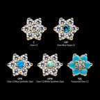 6 Prong Set Clear CZ and Centerpiece CZ/Synthetic Opal Flower Flatback Stud Earring / Nosering - Synthetic Opal & Clear CZ & Opal in 14Kt Yellow Gold