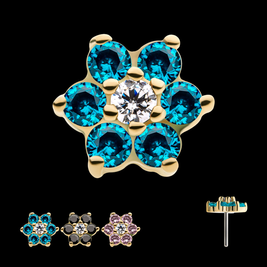 6 Prong Set CZ and Centerpiece Clear CZ Flower Flatback Stud Earring / Nosering - Clear CZ in 14Kt Yellow Gold