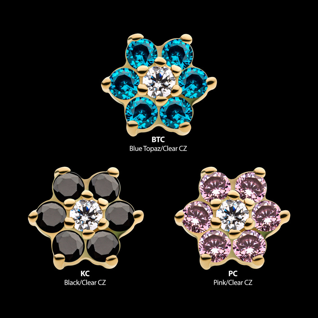 6 Prong Set CZ and Centerpiece Clear CZ Flower Flatback Stud Earring / Nosering - Clear CZ in 14Kt Yellow Gold