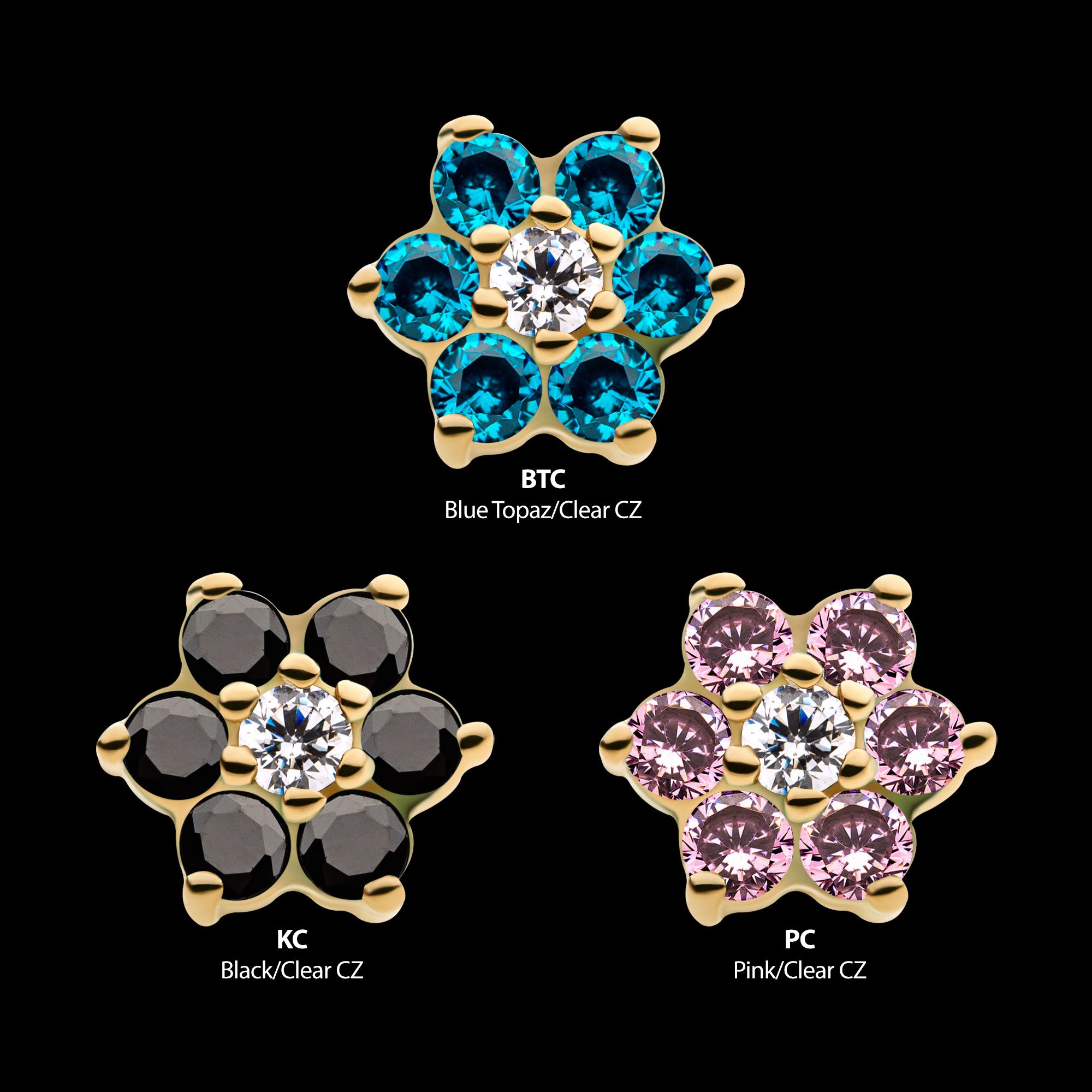6 Prong Set CZ and Centerpiece Clear CZ Flower Flatback Stud Earring / Nosering - Clear CZ in 14Kt Yellow Gold