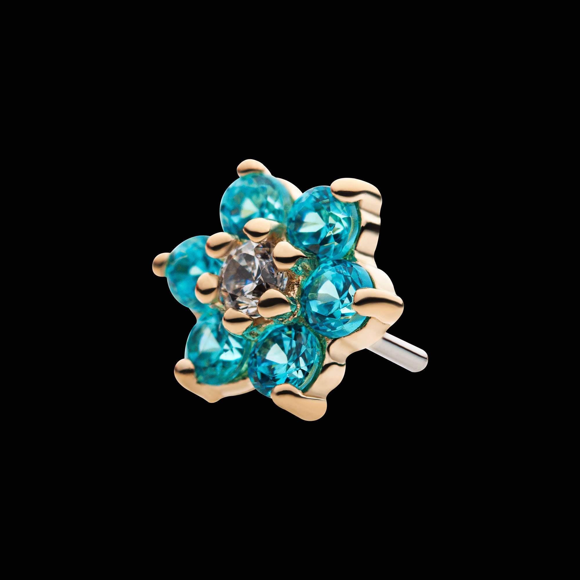 6 Prong Set CZ and Centerpiece Clear CZ Flower Flatback Stud Earring / Nosering - Clear CZ in 14Kt Yellow Gold