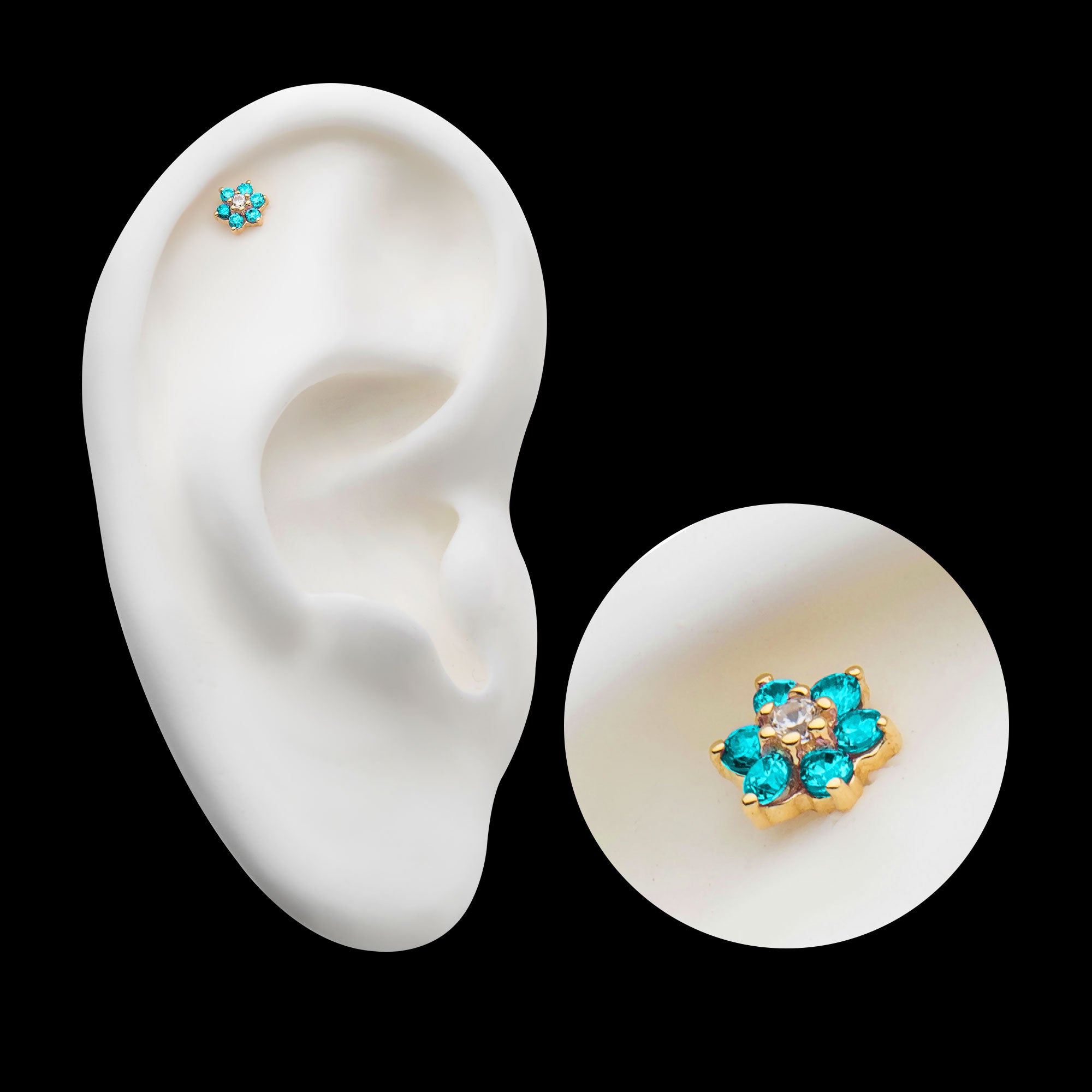 6 Prong Set CZ and Centerpiece Clear CZ Flower Flatback Stud Earring / Nosering - Clear CZ in 14Kt Yellow Gold
